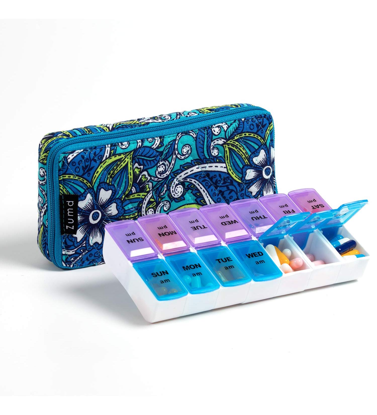 Blue Floral Quilted Cotton Travel Pill Organizer with Easy Zipper Push Button - Pill Box & Medicine Organizer - Buy Online on GoSupps.com