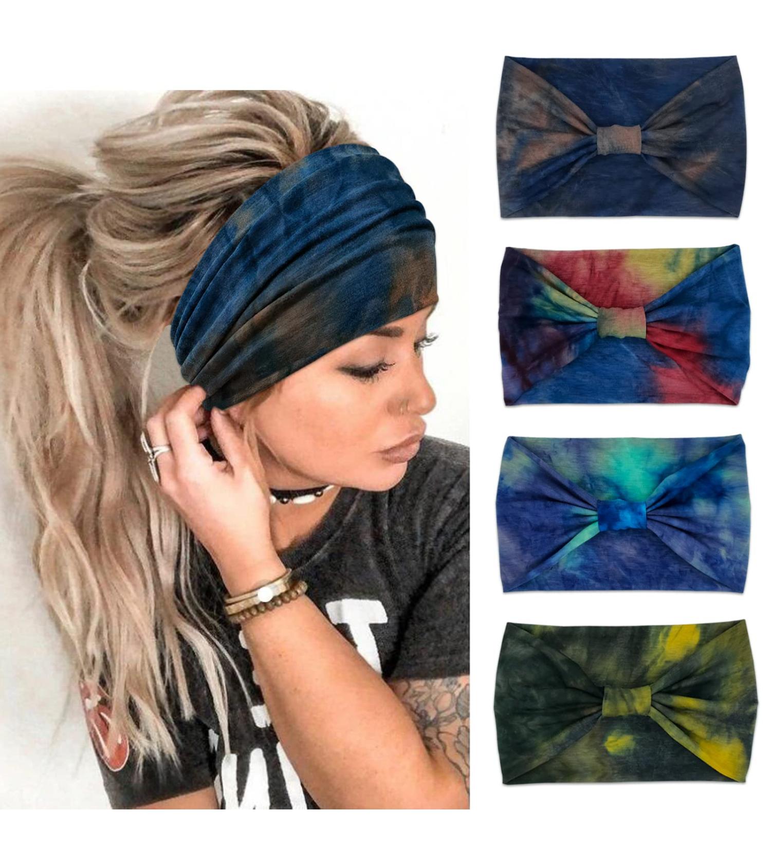 Women's Wide Knotted Headbands - African Inspired Head Wraps - Stretchy Hair Accessories - 4 Pack Tie Dye - Buy Online on GoSupps.com