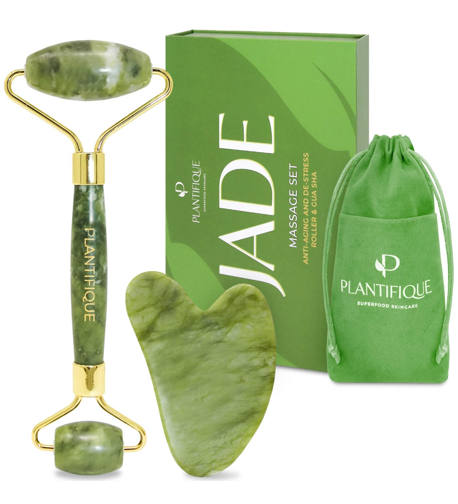 Plantifique Premium Certified Jade Roller Gift Set with Anti Aging Face Roller and Gua Sha - Facial Tool for Skincare Routine - Buy Online on GoSupps.com
