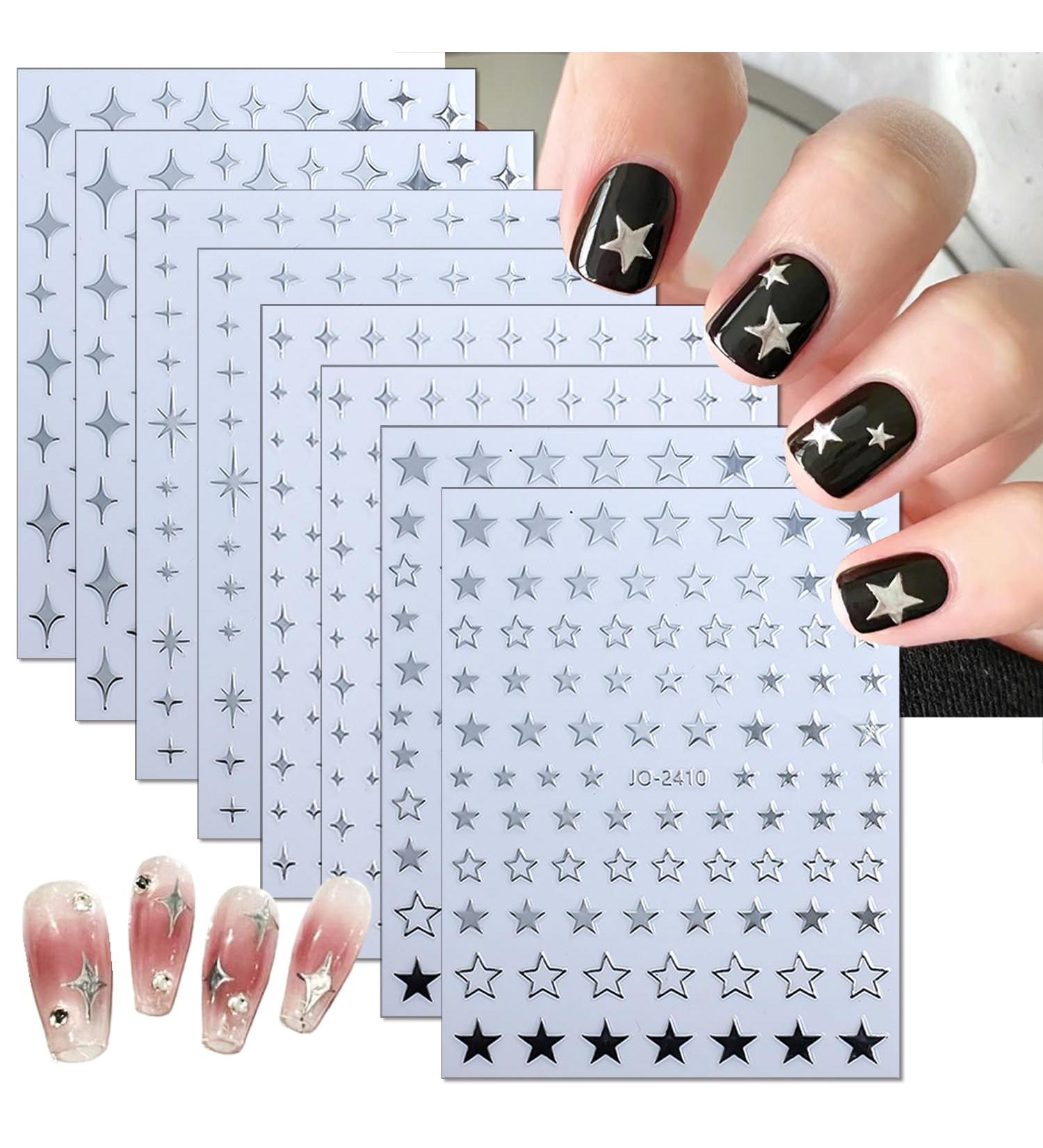 8 Sheets 3D Star Nail Art Stickers - Self-Adhesive Silver Glitter Decals for DIY Manicure | Metallic Acrylic Nail Accessories - Buy Online on GoSupps.com