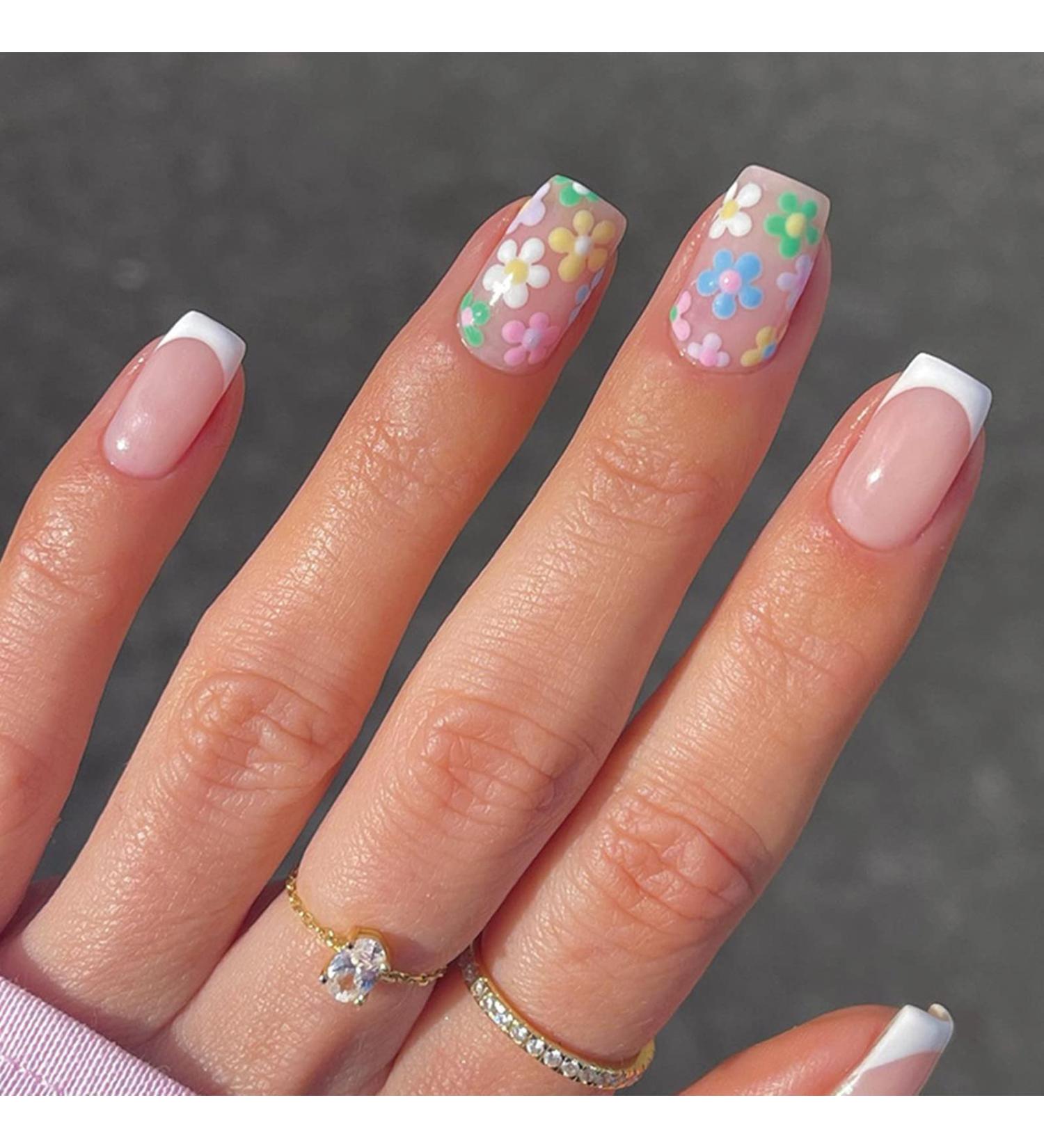 Justotry 24 Pcs Square Short Beige French Press-On Nails with Floral Pattern - Nail Art for Women | Nail Glue Included - Buy Online on GoSupps.com
