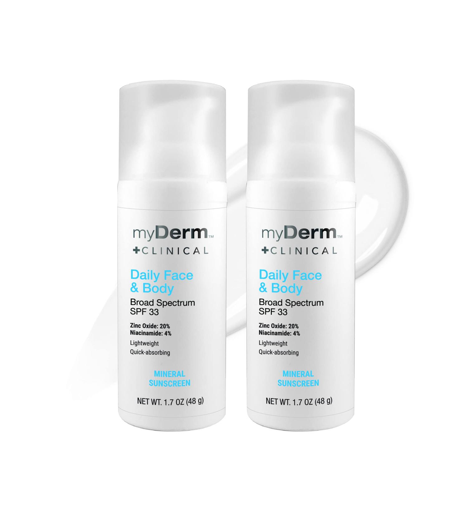 myDerm CLINICAL Twin Pack - Daily Face & Body SPF 33 Mineral Sunscreen Lotion (2 Pack) - 1.7 Fl Oz Each - International Shipping - Buy Online on GoSupps.com