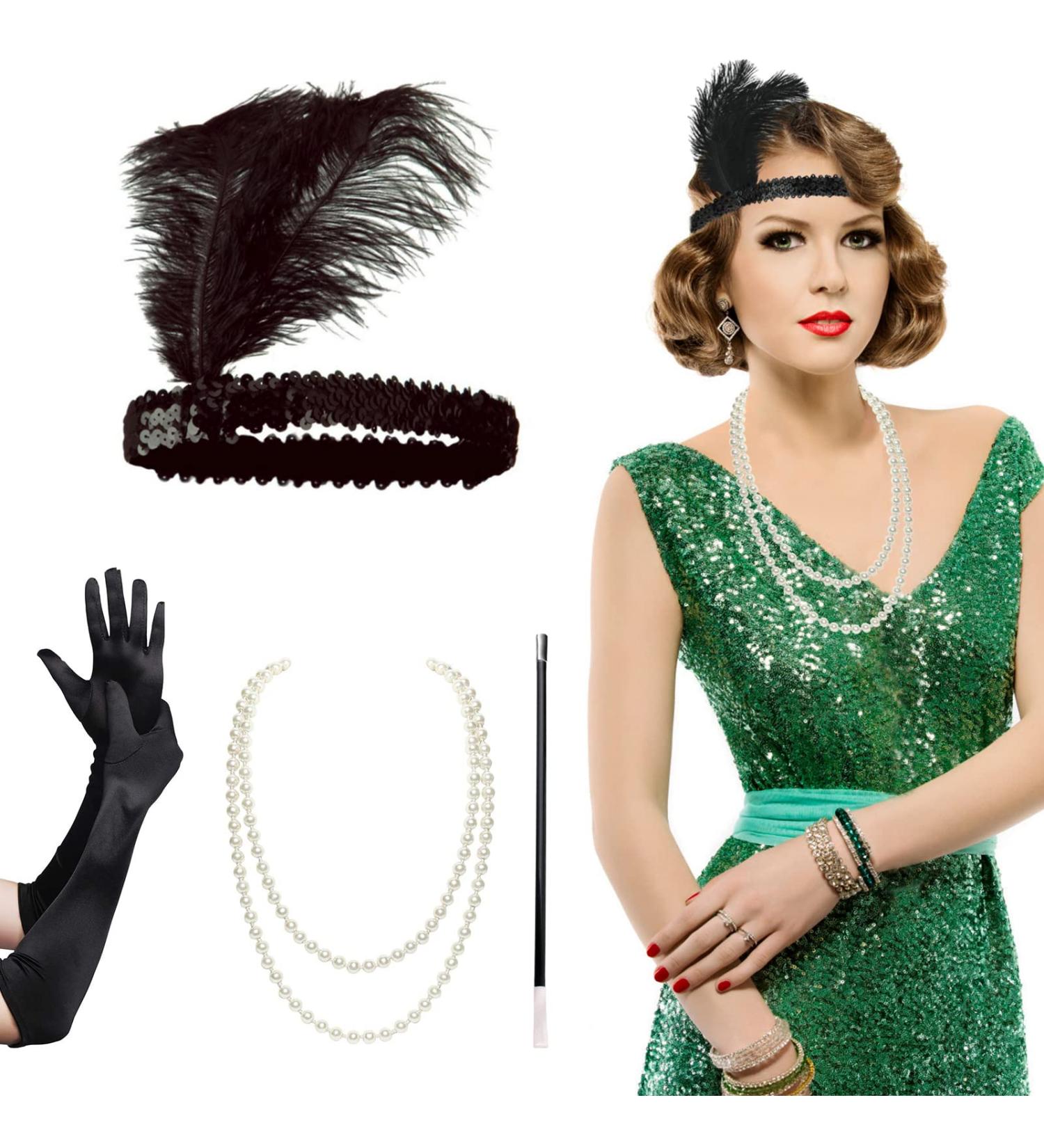 AOT 1920s Flapper Headband Set Vintage Feather Headpiece with Necklace Cigarette Rod and Long Black Gloves 20s Theme Party Accessories for Women Costume Prom Wedding Carnival Party Party Accessory Set - Buy Online on GoSupps.com