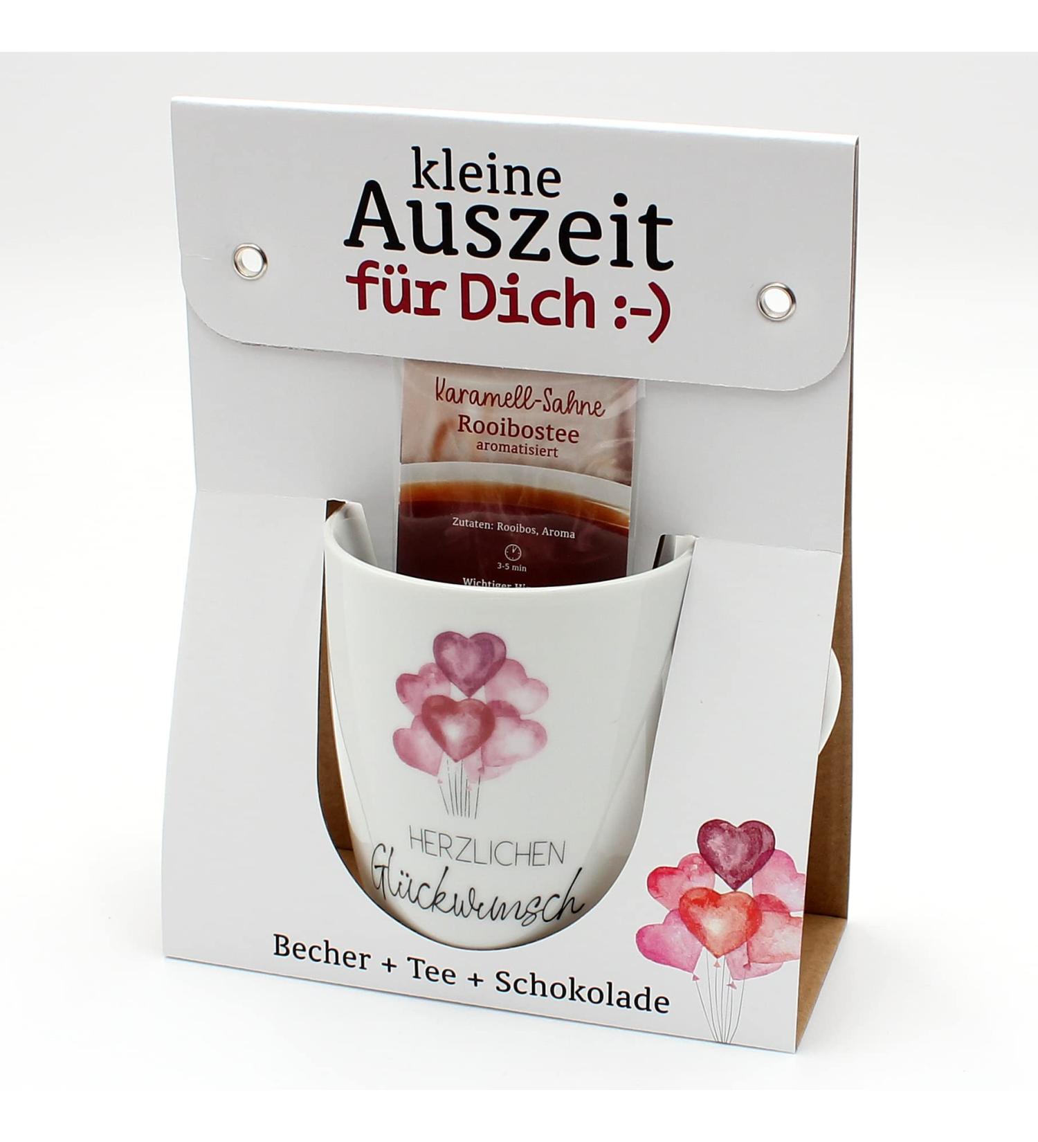 Dekohelden24 Gift Set Small Break Coffee Mug Made of Porcelain + Tea + Chocolate Design: Congratulations Size H/ : 9.8 x 8.2 cm Capacity 250 ml Dishwasher Safe White 9 8 cm