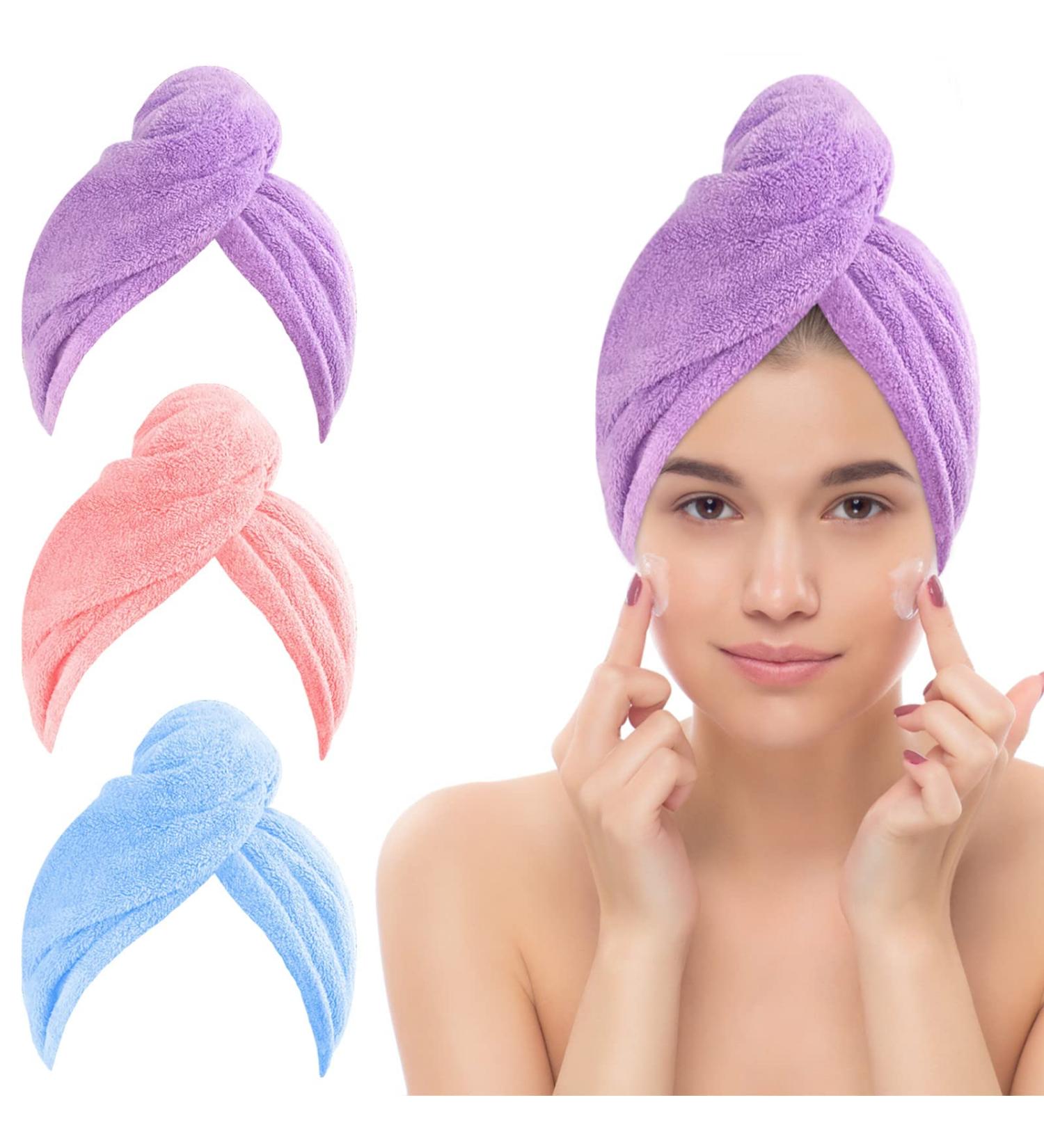 Jsdoin 3 Pack Hair Towel Wrap Microfibre Wrap Hair Towel with Button Super Quick Absorbent Anti-Frizz Fast Dry Hair Caps Twist Turban for Girls and Women and Best for Long Wet Thick Hair - Buy Online on GoSupps.com