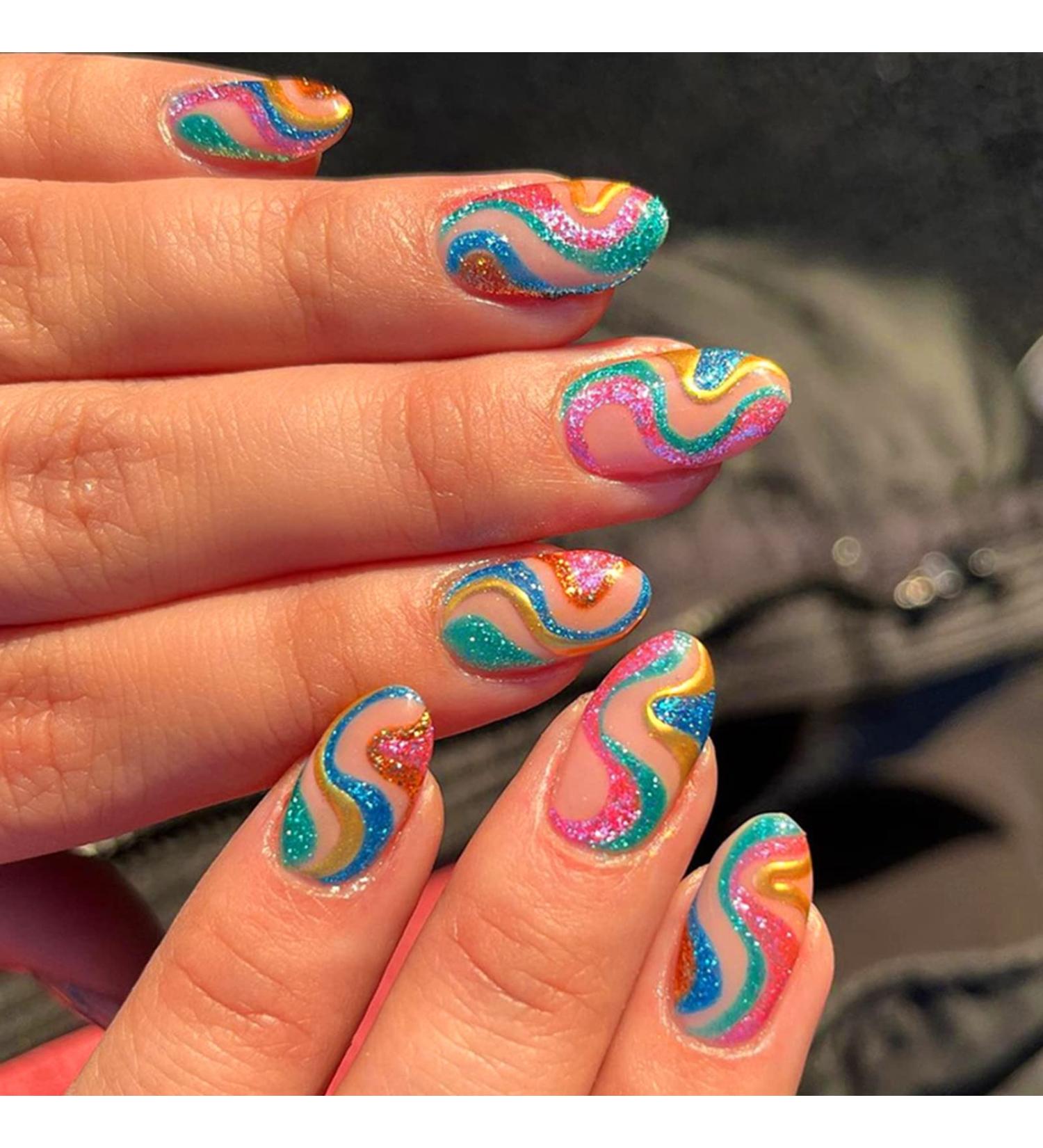 Stunning Almond Stiletto Press-on Nails - 24Pcs Glossy False Nails with Colorful Swirl Designs for Women and Girls - Buy Online on GoSupps.com