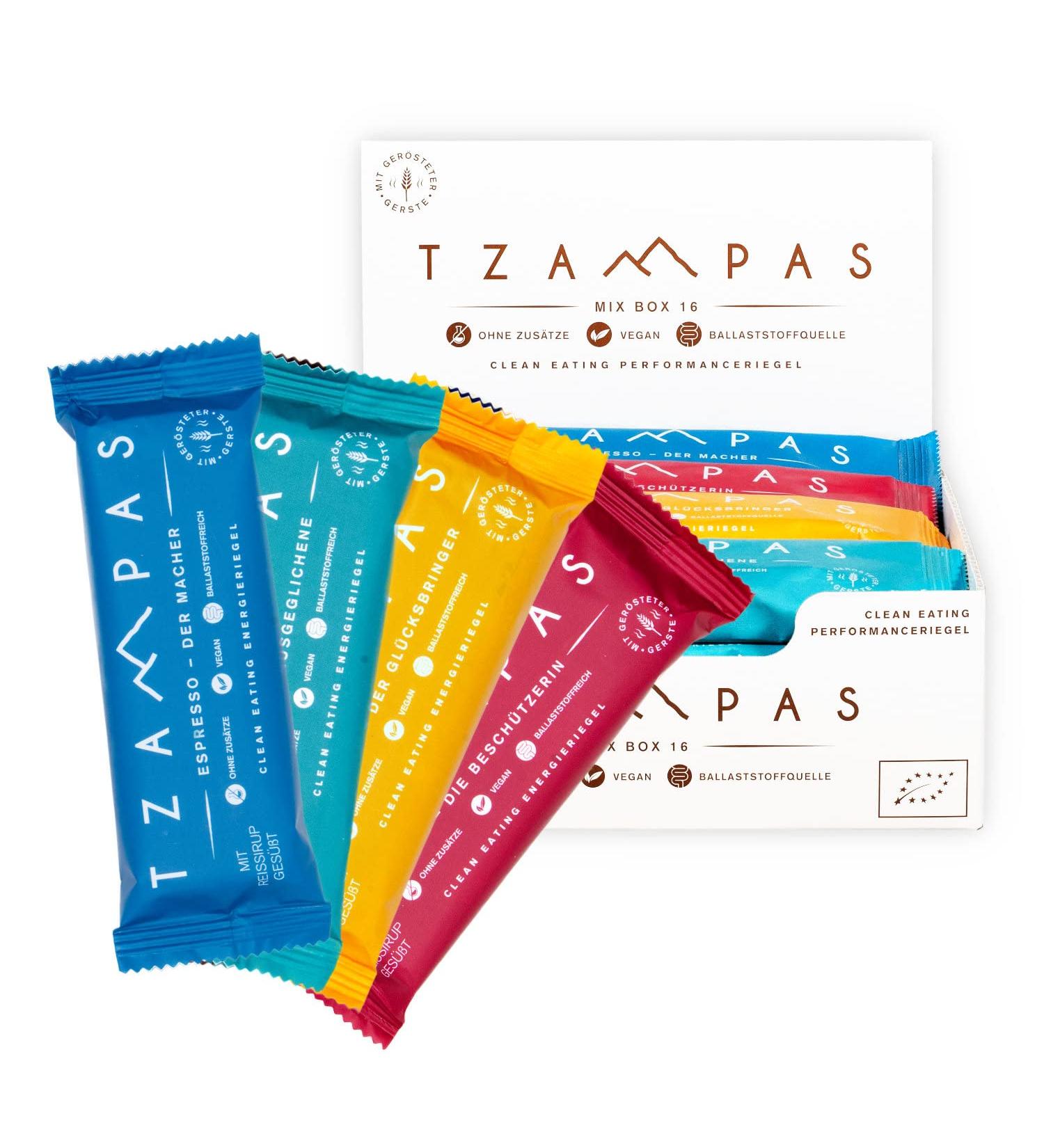 TZAMPAS energy bar mix box large (16x40g) - energy bar made from roasted barley in snack box format - Power Bar | Energy bar suitable for cycling - organic vegan & without additives - Buy Online on GoSupps.com