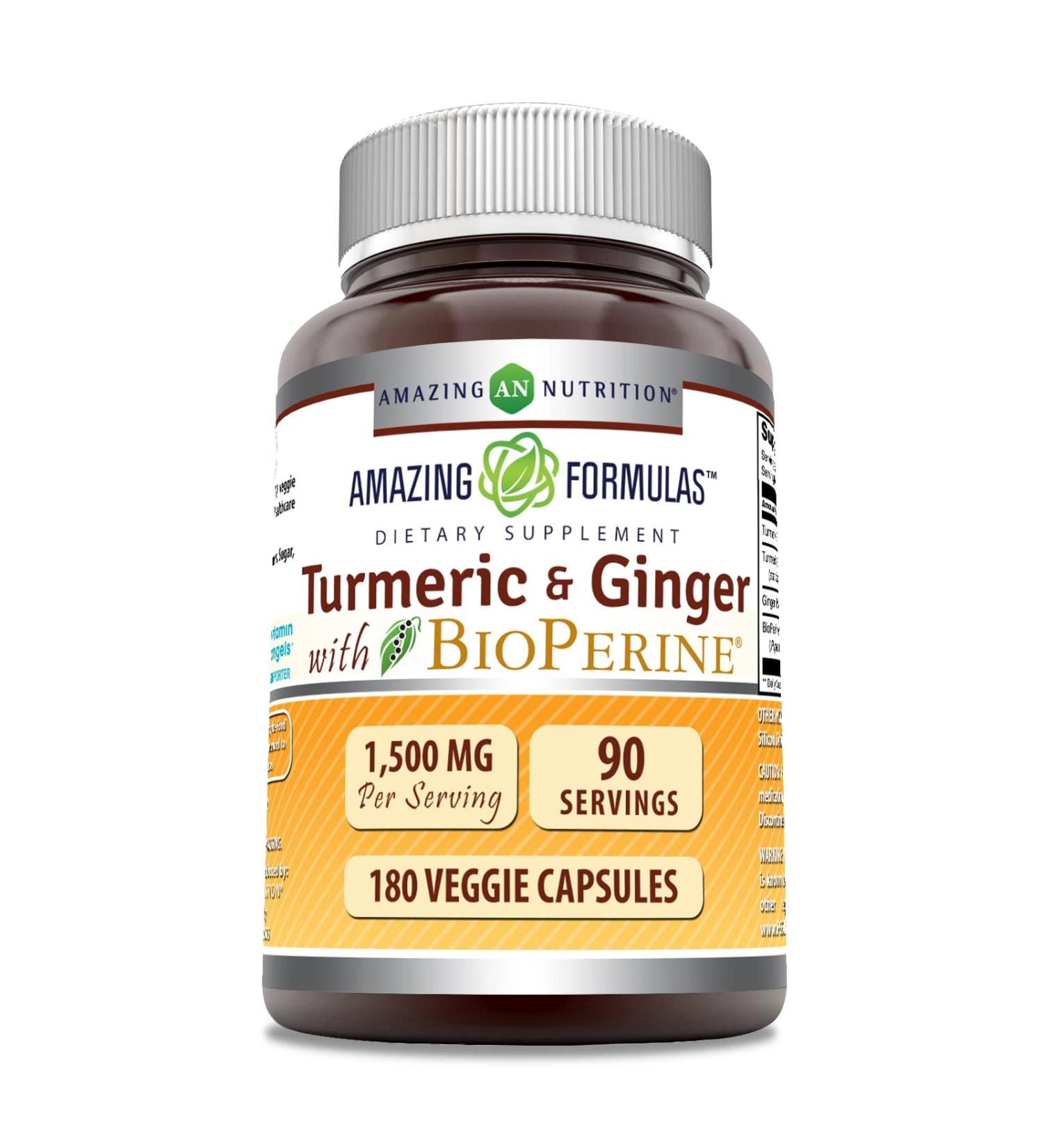 Amazing Formulas Turmeric Curcumin & Ginger 2250mg with BioPerine - 180 Veggie Capsules - Non-GMO, Gluten Free - Made in USA - Ideal for Vegetarians - Buy Online on GoSupps.com