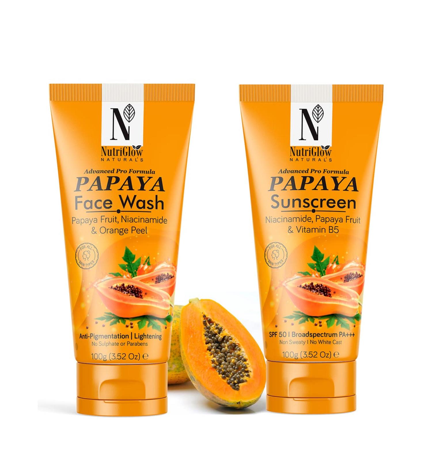 Nutriglow Natural's Papaya Face Wash (100Gm) & Papaya Sunscreen SPF 50 (100Gm) To Treat Sun Spots - Buy Online on GoSupps.com