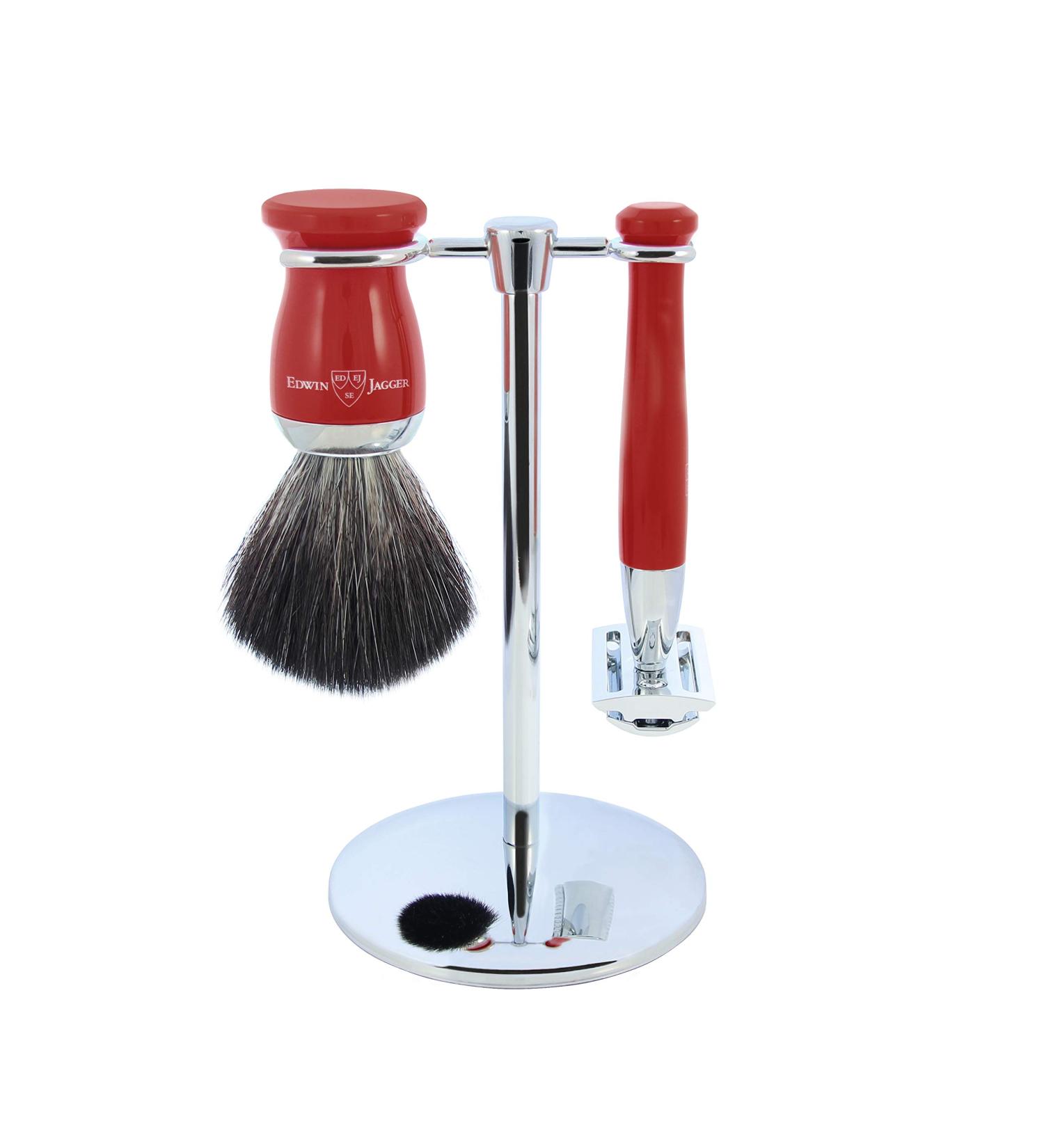 3pc set Double Edge Safety Razor Shaving Brush Black Synthetic Fibre With Stand Chrome Plated (Red)