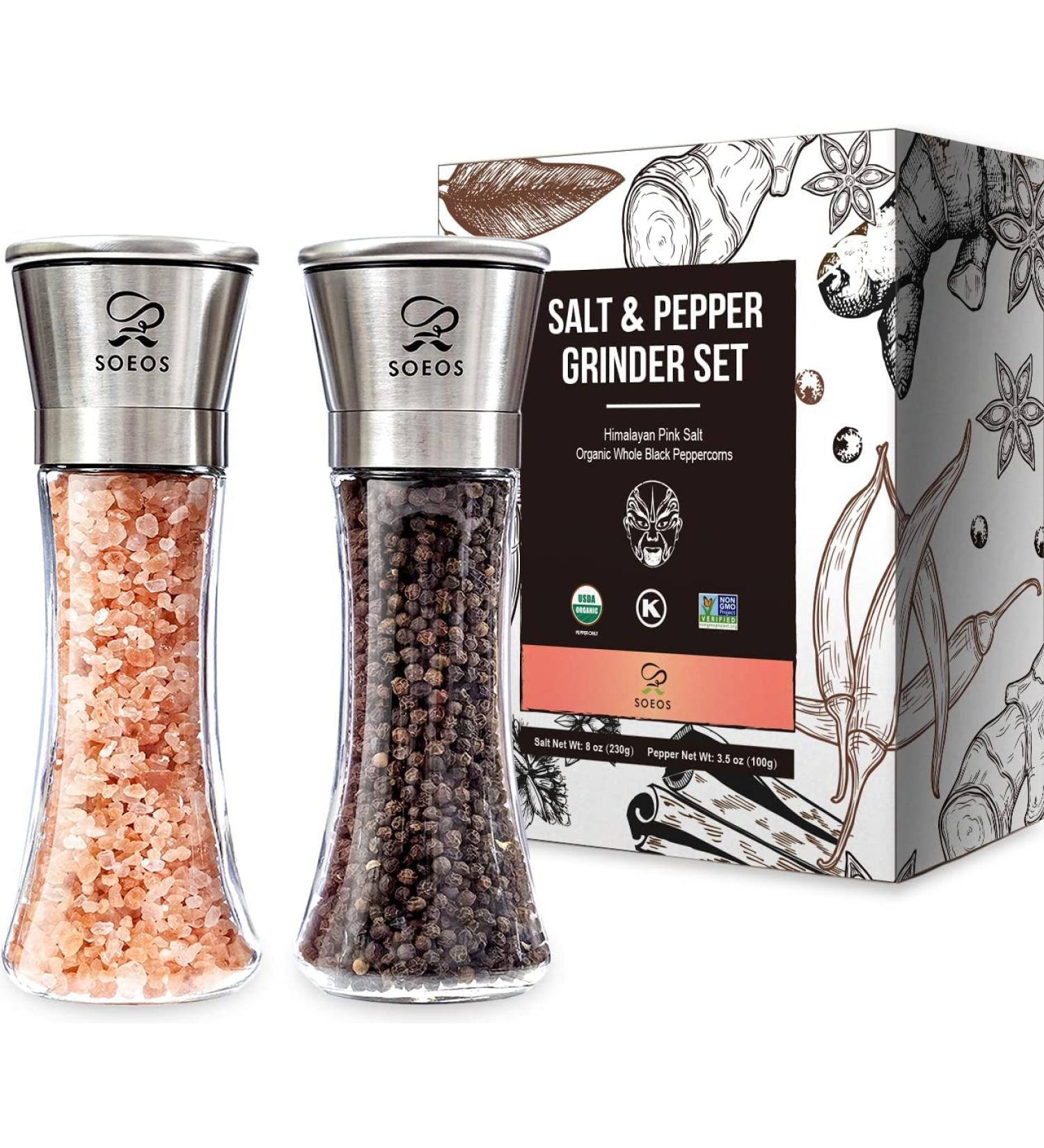 Soeos Salt and Pepper Grinder Set  Organic Whole Black Peppercorns  3.5oz (100g)  Himalayan Pink Salt  8oz (230g). USDA Organic Black Pepper  Non-GMO  Kosher Certified  Adjustable Coarseness Organic Whole Black Peppercorns - Buy Online on GoSupps.com