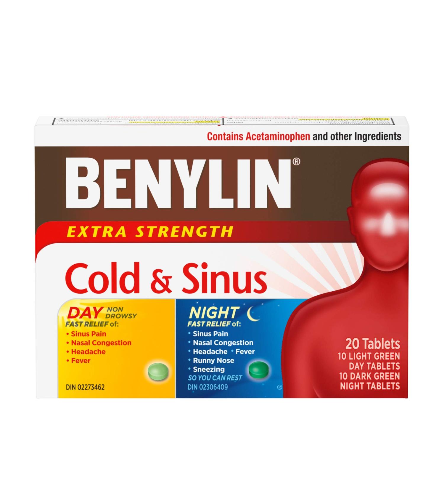 BENYLIN Extra Strength Cold and Sinus Caplets Relieves Cold and Sinus symptoms Daytime and Nighttime Convenience Pack 20ct - Buy Online on GoSupps.com