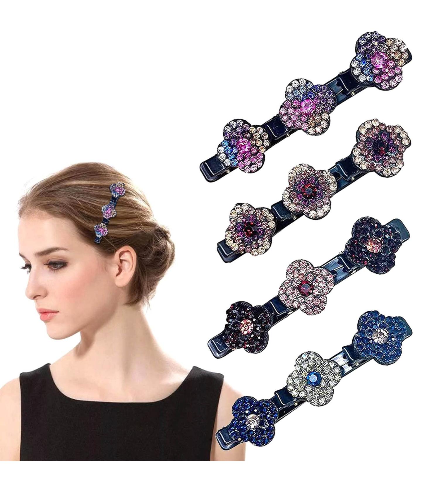 Sparkling Crystal Stone Braided Hair Clips for Women - 4-Pack Stylish Hair Accessories with Four-Leaf Clover Design - Buy Online on GoSupps.com
