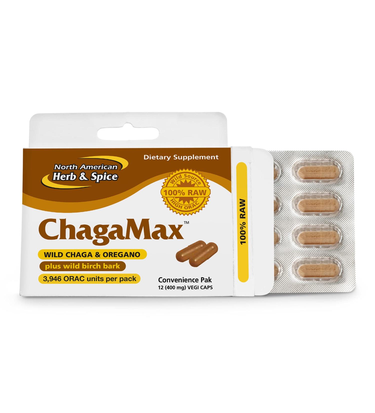 NORTH AMERICAN HERB & SPICE ChagaMax - 12 Vegi Capsules - Chaga Wild Mushroom Supplement - Adaptogen Adrenal Support Endurance & Stamina - Non-GMO - 90 Servings - Buy Online on GoSupps.com