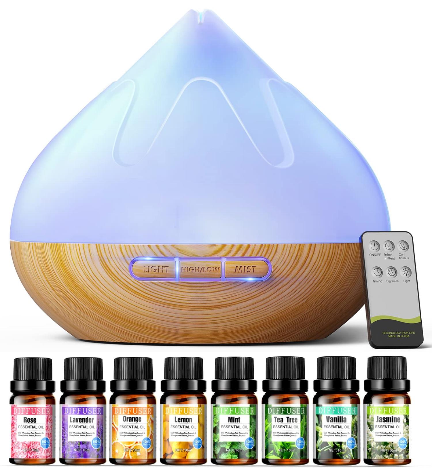 Buy Aroma Diffuser with Essential Oils Set - 500 ML Remote Control 14 Color Lights Humidifier for Large Rooms - Timers & Auto Shut-Off - Buy Online on GoSupps.com