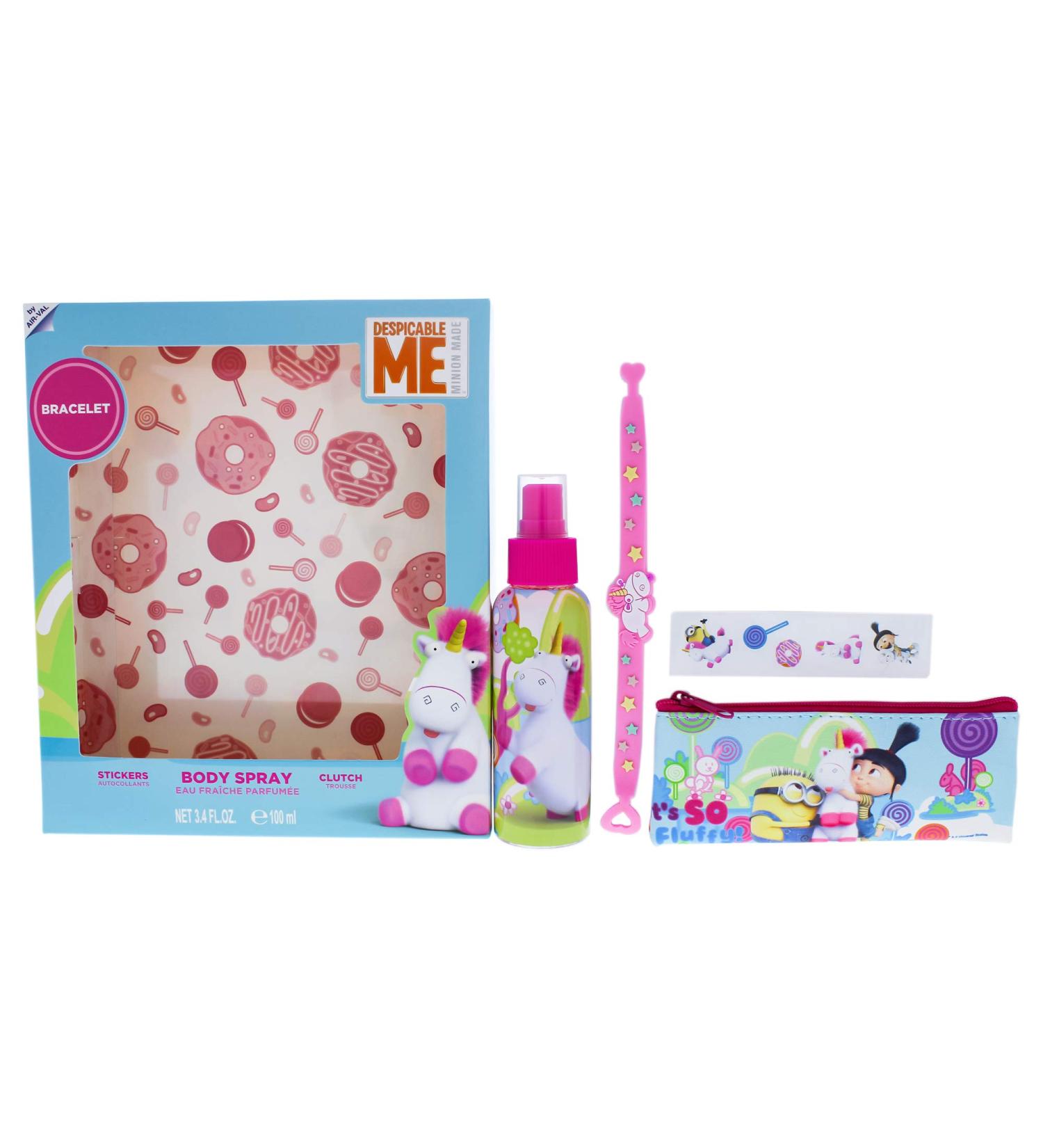 Universal Mpf Fluffy for Kids - Gift Set 3.4 oz Body Spray Clutch Stickers Bracelet 4.0 Count