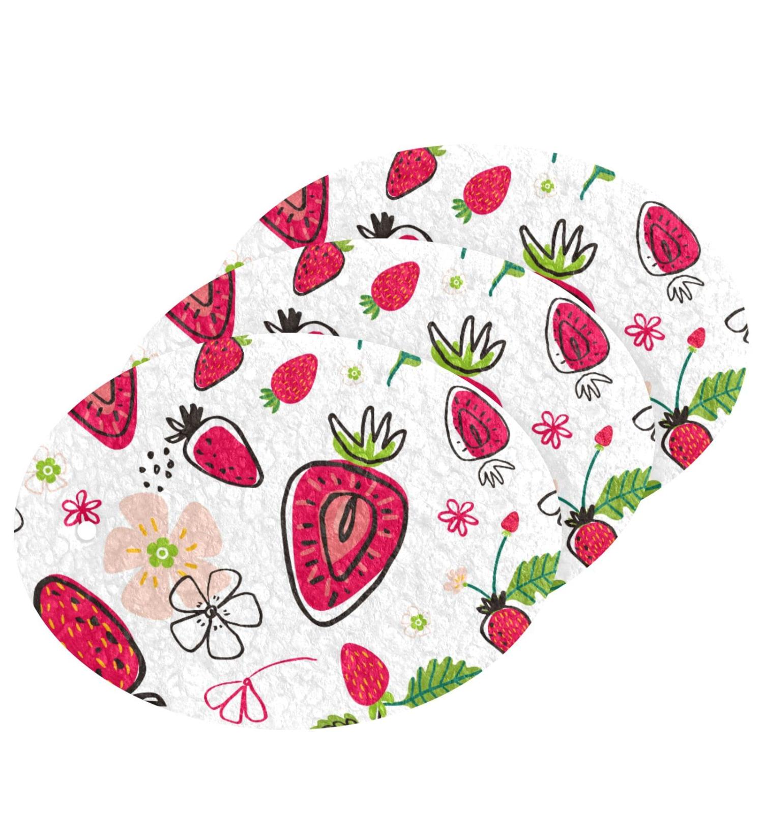 3-Pack Cleaning Kitchen Sponges Oval Strawberries and Flowers Kitchen Cellulose Dishwashing Wood Pulp Cotton - Buy Online on GoSupps.com
