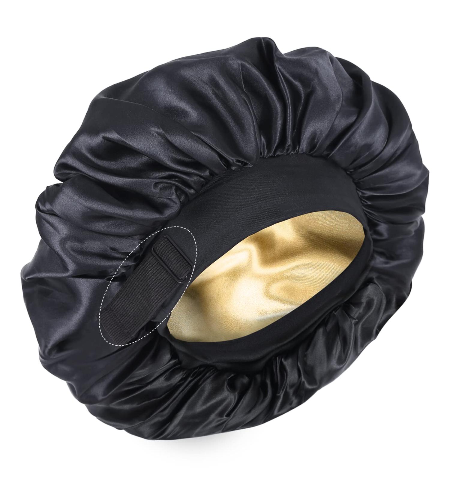 Double Layer Silk Satin Bonnet for Black Women - Adjustable Sleep Cap for Curly Hair (Black) - Buy Online on GoSupps.com