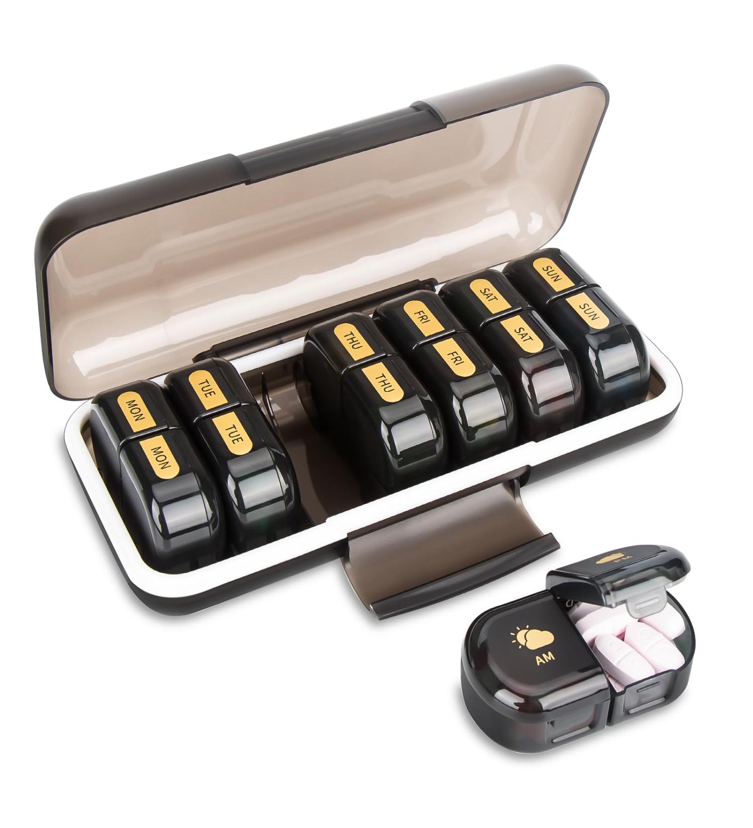 Weekly Pill Organizer - AM PM 7-Day Detachable Case for Vitamins & Fish Oils | Moisture-Proof Travel Pill Box (Black - Buy Online on GoSupps.com
