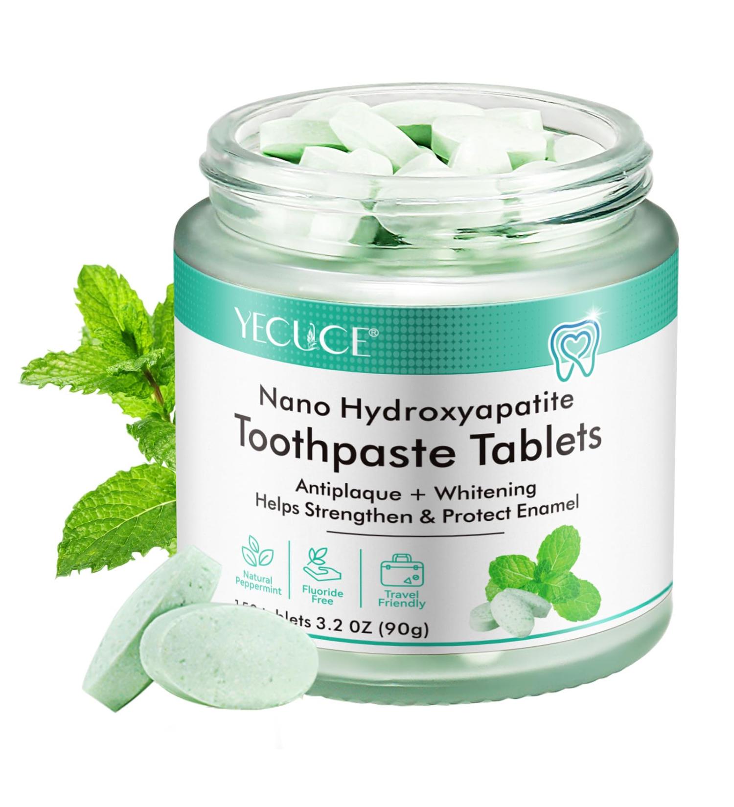 150pcs Chewable Toothpaste Tablets | Whitening Antiplaque Nano Hydroxyapatite | Fluoride Free Natural Peppermint | Sensitive Teeth Enamel Protection Fresh Breath - Glass Jar - Buy Online on GoSupps.com