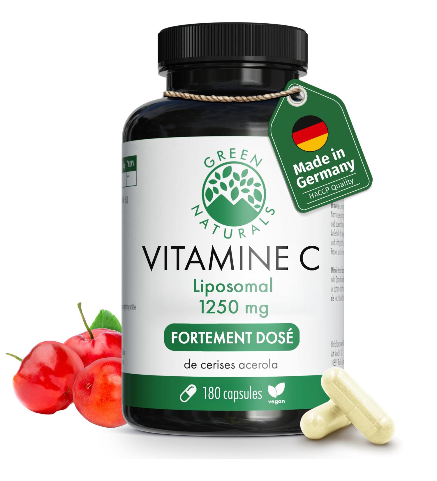 Vitamine C liposomale 1250mg - Important: Biodisponibilit et absorption maximales - 180 g lules v g taliennes de cerises d'ac rola - Green Naturals  - Buy Online on GoSupps.com