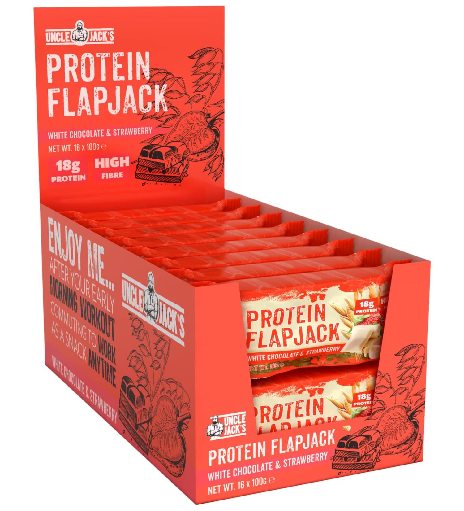 Uncle Jack's Protein Flapjacks - 16 x 100g - 18g Protein - Vegetarian (White Chocolate & Strawberry) - Buy Online on GoSupps.com