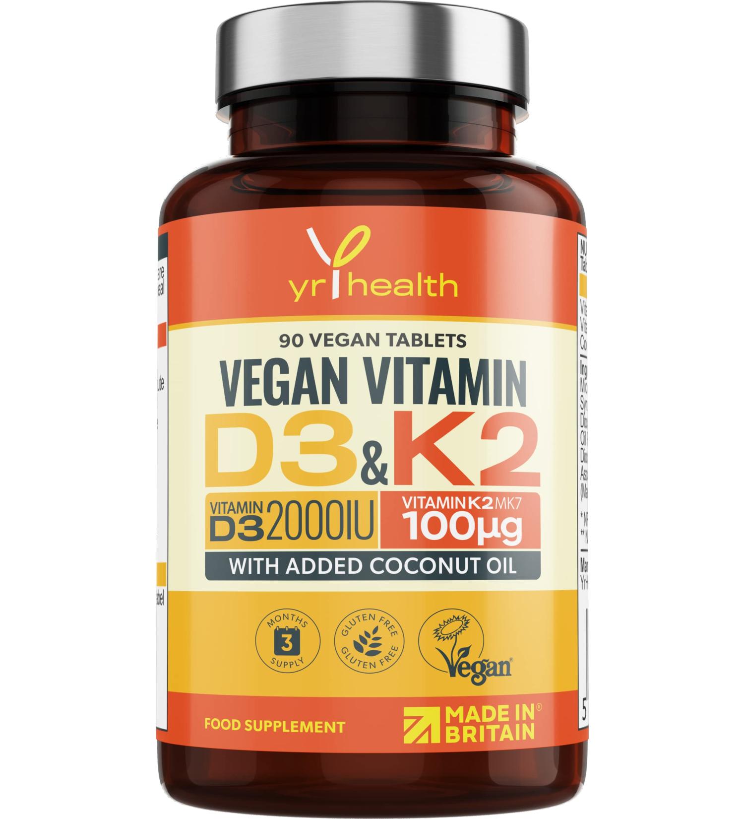 Vegan Vitamin D3 K2 Tablets High Strength & Coconut Oil for Absorbtion - Vitamin D 2000iu & Vitamin K2 Mk7 100mcg Plant Based Supplement for Immune System Bones Blood Calcium Levels Made in The UK - Buy Online on GoSupps.com