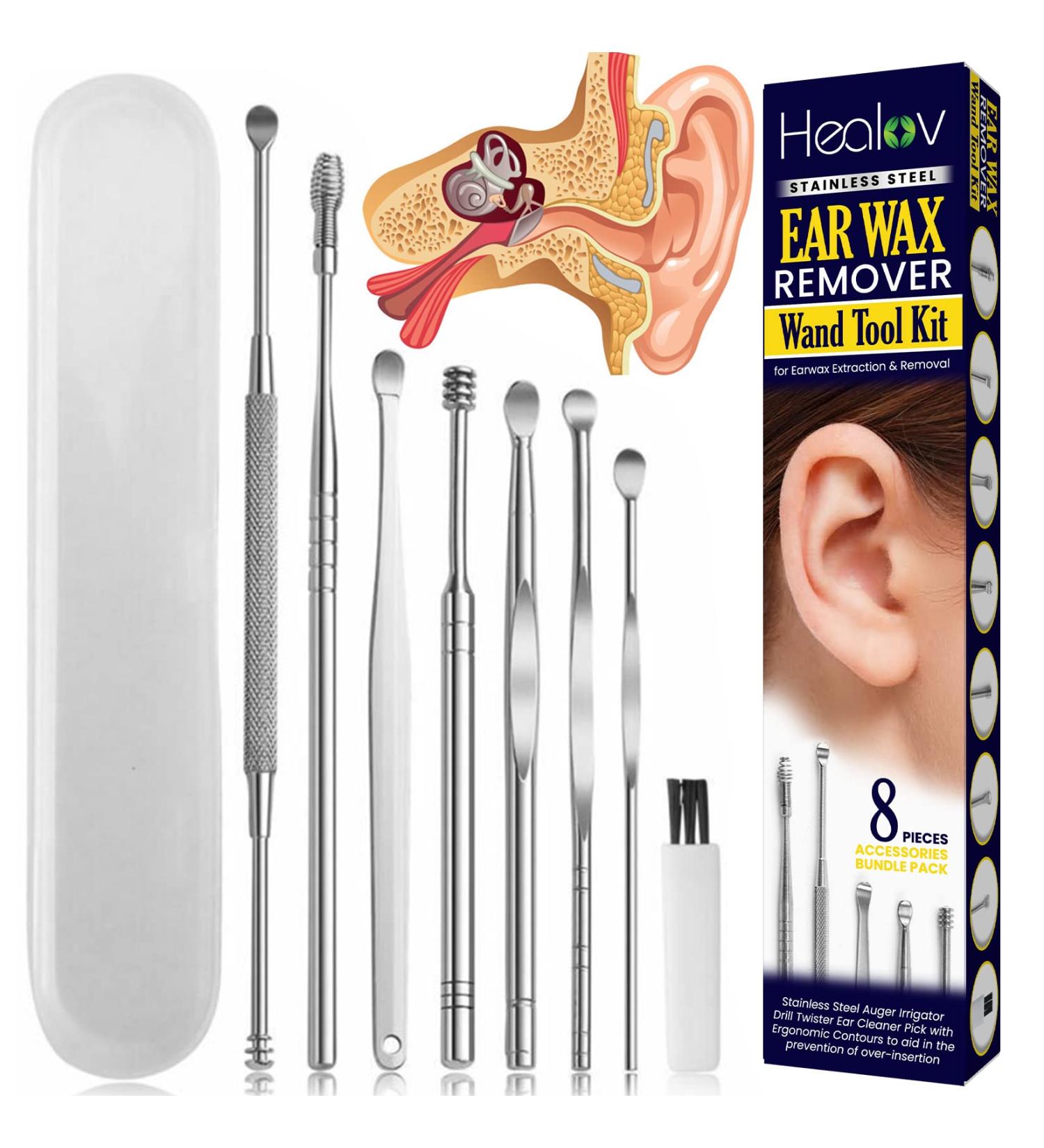 8pc Stainless Steel Ear Wax Remover Kit - Earwax Removal Tool Set with Irrigator Drill & Twister for Gentle Ear Cleaning - Includes Pick & Accessories - Buy Online on GoSupps.com