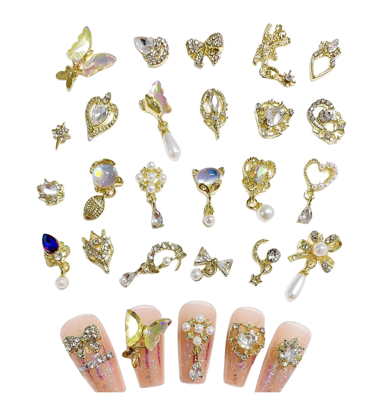 3D Nail Charms: 23 Pcs Shiny Rhinestones Gems Butterfly Heart Bow Dangle Gold Metal Nail Jewelry - Luxury Nail Art Decoration for DIY Nail Design - Buy Online on GoSupps.com