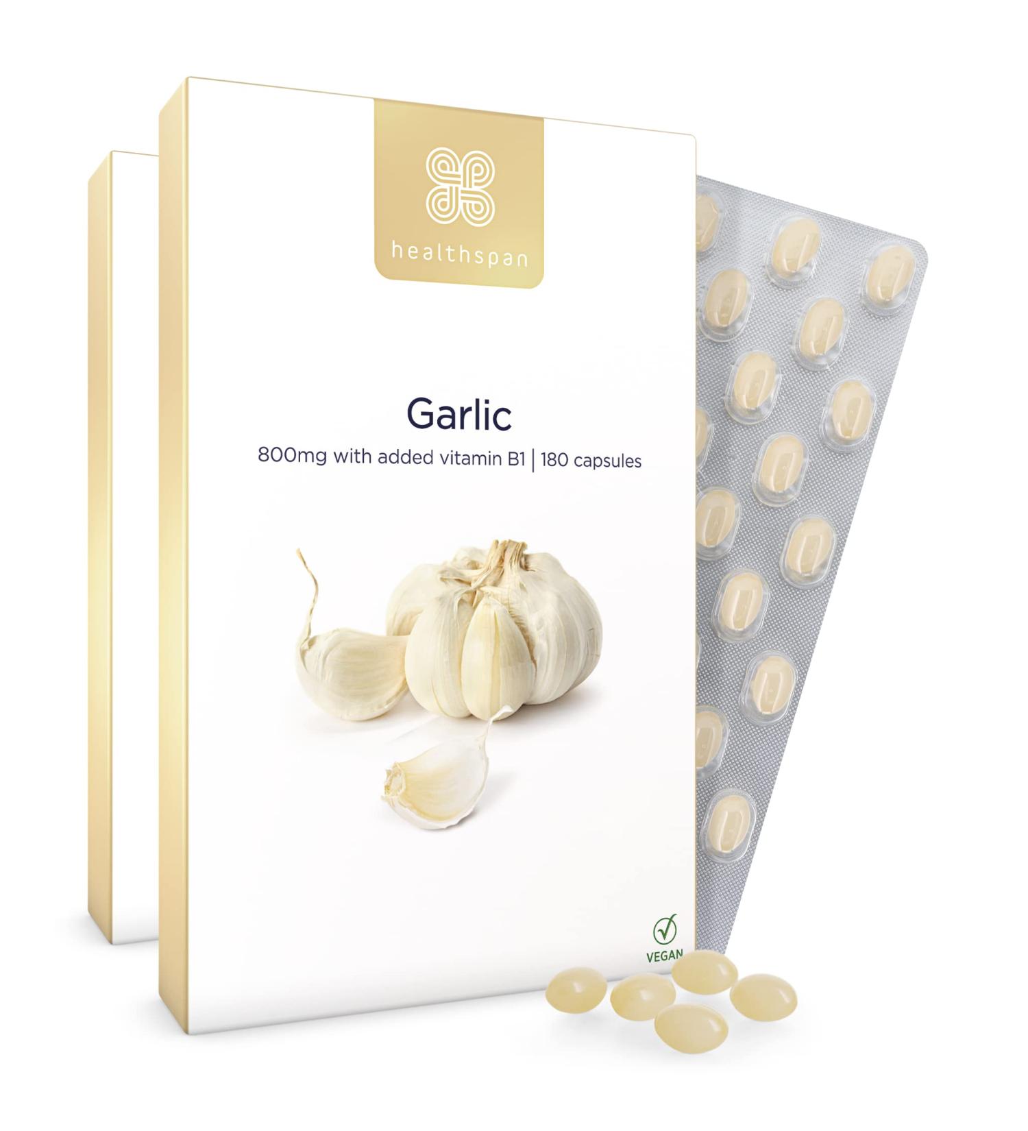 Healthspan Garlic 800mg (6 Months' Supply) - Supports Heart & Respiratory Health - Maintains Cholesterol - With Vitamin B1 - Vegan 360 Capsules - Buy Online on GoSupps.com
