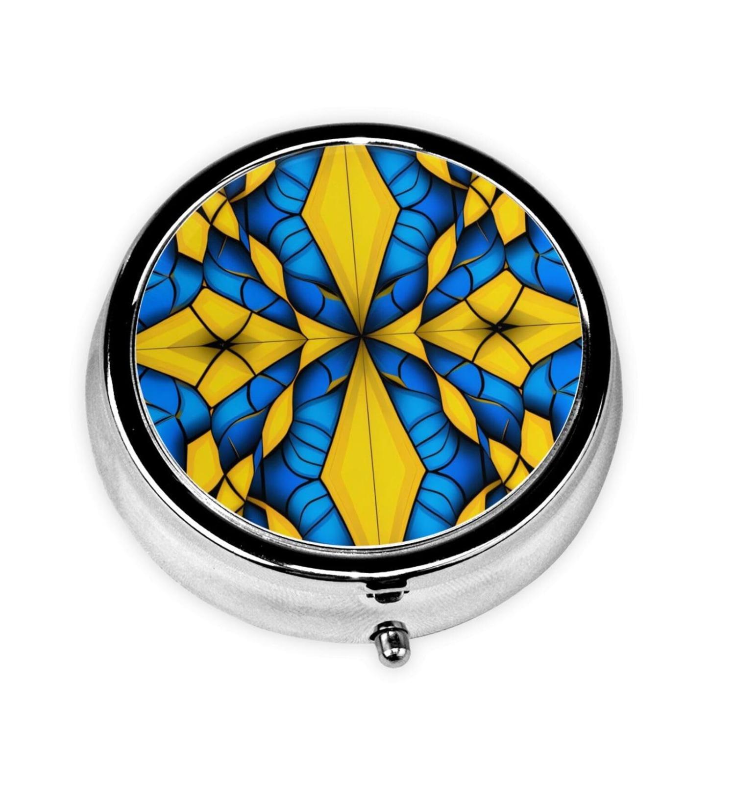 Portable Blue Yellow Irregular Pattern Metal Pill Box - Round Mini 3-Compartment with Hinged Design for Small Pills - Ideal for Travel - Buy Online on GoSupps.com