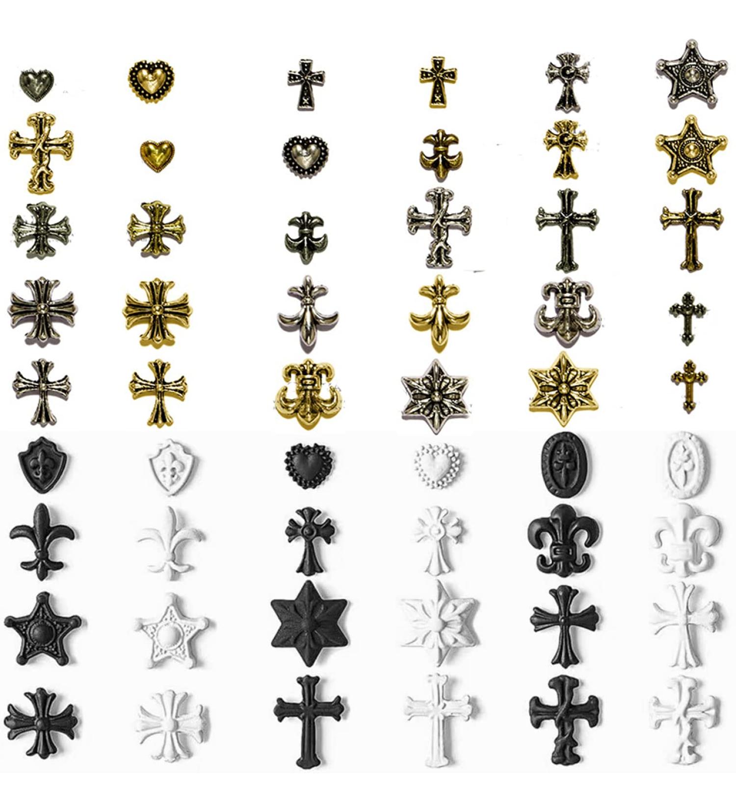 54 pcs 3D Cross Nail Art Charms Metal Silver Nail Charms Vintage Gothic Retro Punk Hearts Cross Skulls Mixed Shapes for Manicure Craft DIY Nail Art Decoration Accessories