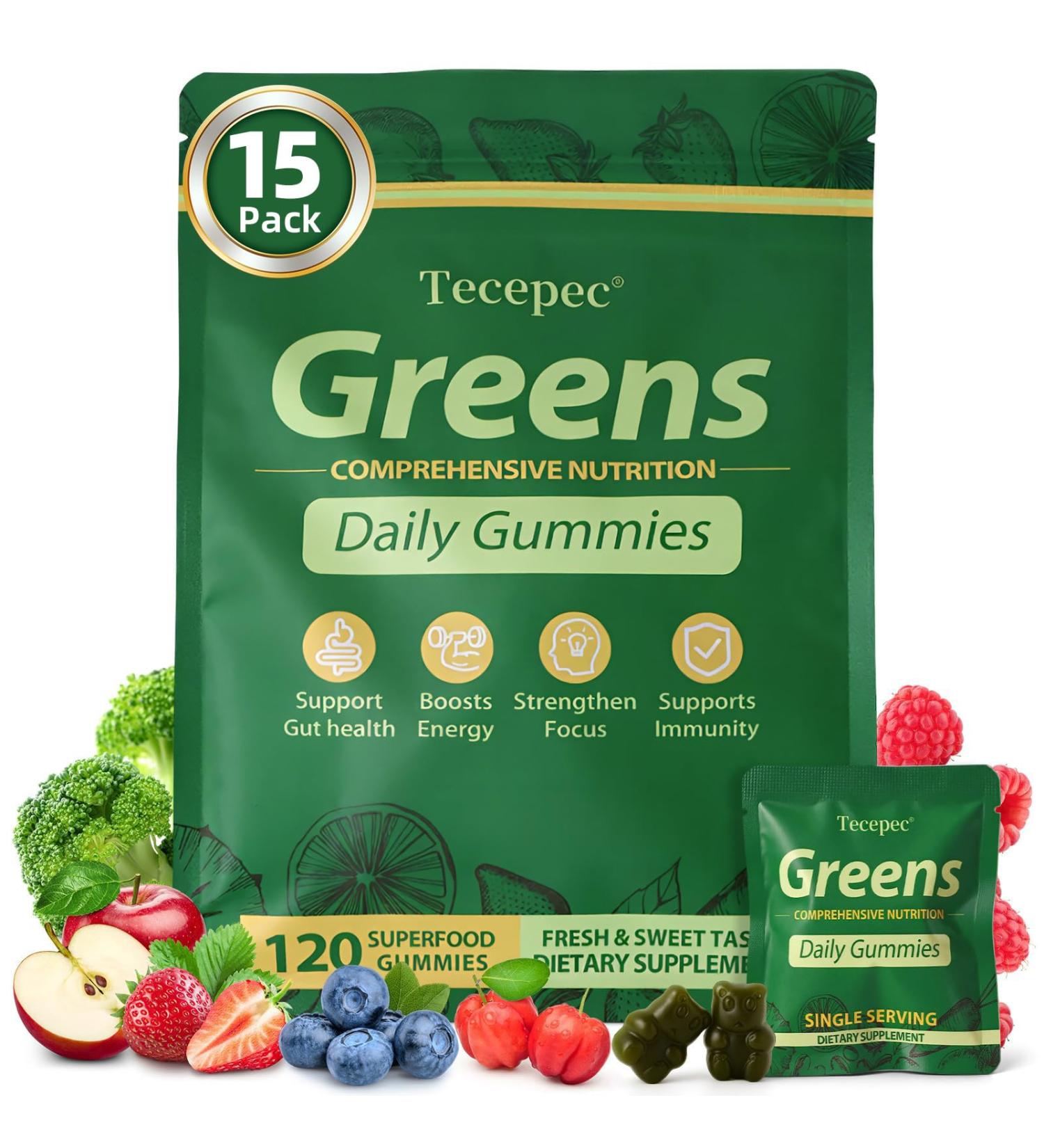 Greens Daily Gummies, Superfood Fruits and Veggies Blend with Spirulina, Chlorella, Prebiotics & Fiber, Adaptogens Multivitamin Supplement for Digestive Health, Non-GMO, 120 Count 120 Count (Pack of 1) - Buy Online on GoSupps.com