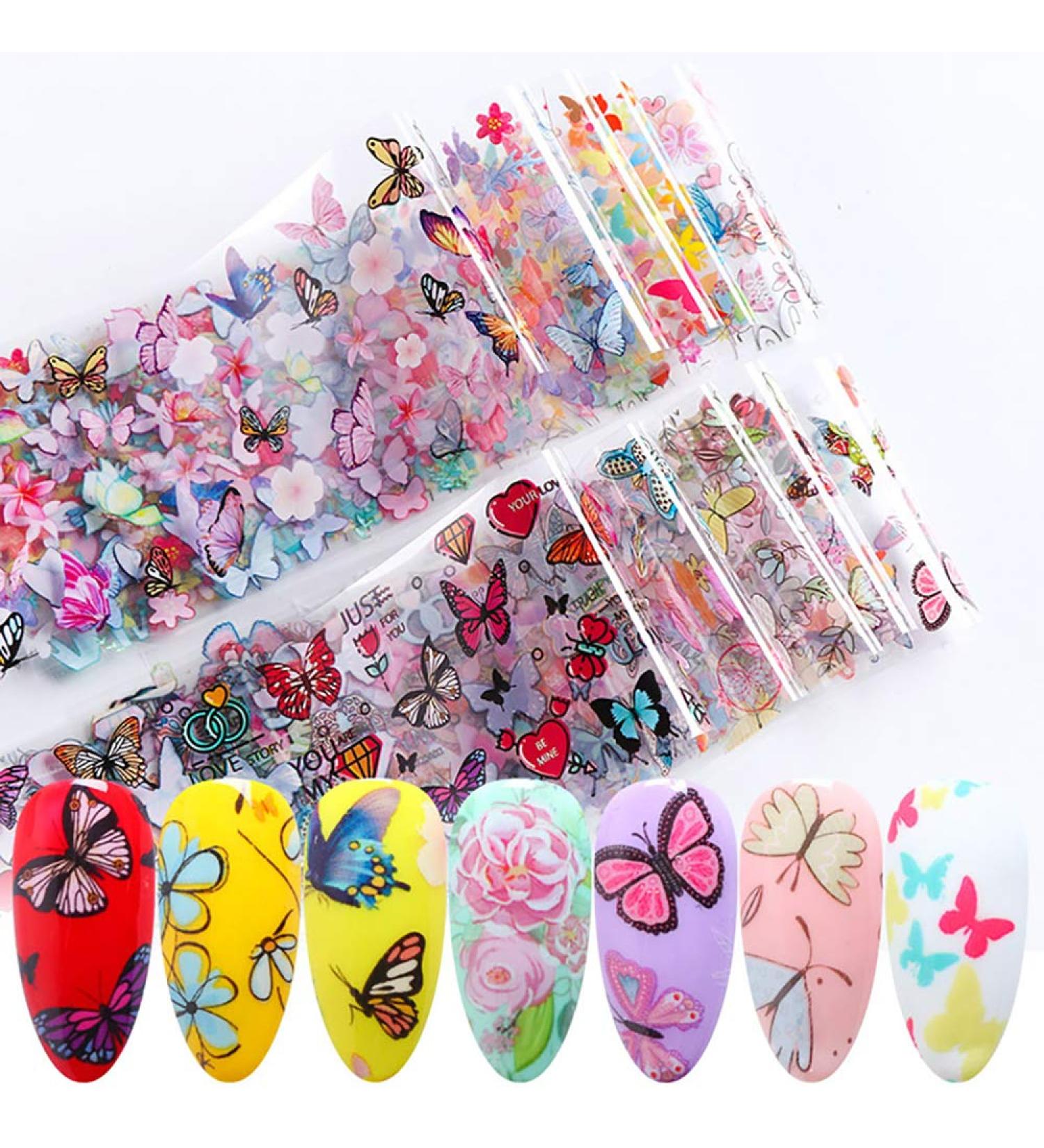 10 Sheets Butterfly Nail Foil Transfers Stickers Flowers Butterfly Starry Sky Nail Art DIY Decals for Women Girls Decoration Manicure Design - Buy Online on GoSupps.com