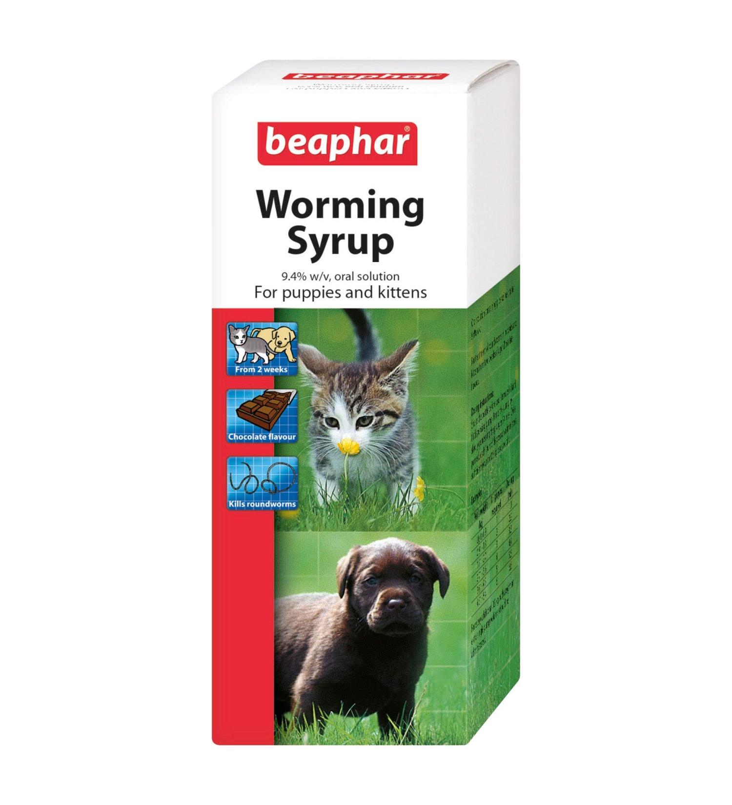 Beaphar - Worming Syrup - For Puppies & Kittens - Treats Roundworms - Ideal for Treating Litters - UK Authorised Veterinary Medicine - Pet-Friendly Chocolate-Flavoured Syrup - 45ml ( Pack of 1) - Buy Online on GoSupps.com