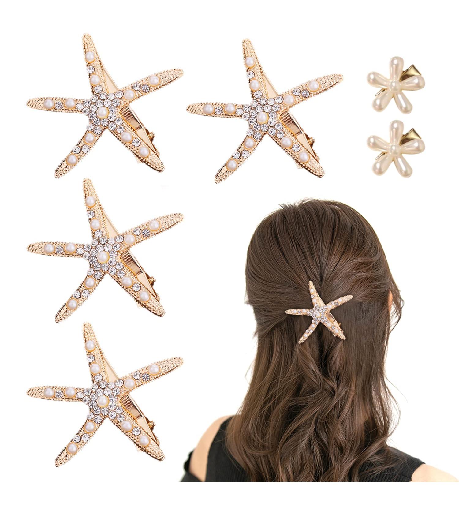 4 Starfish Hair Clips 2 Flower Hair Clips Wedding Accessories Diamond Hair Clips Elegant Non-Slip Hair Accessories for Girls Flower Girl - Buy Online on GoSupps.com