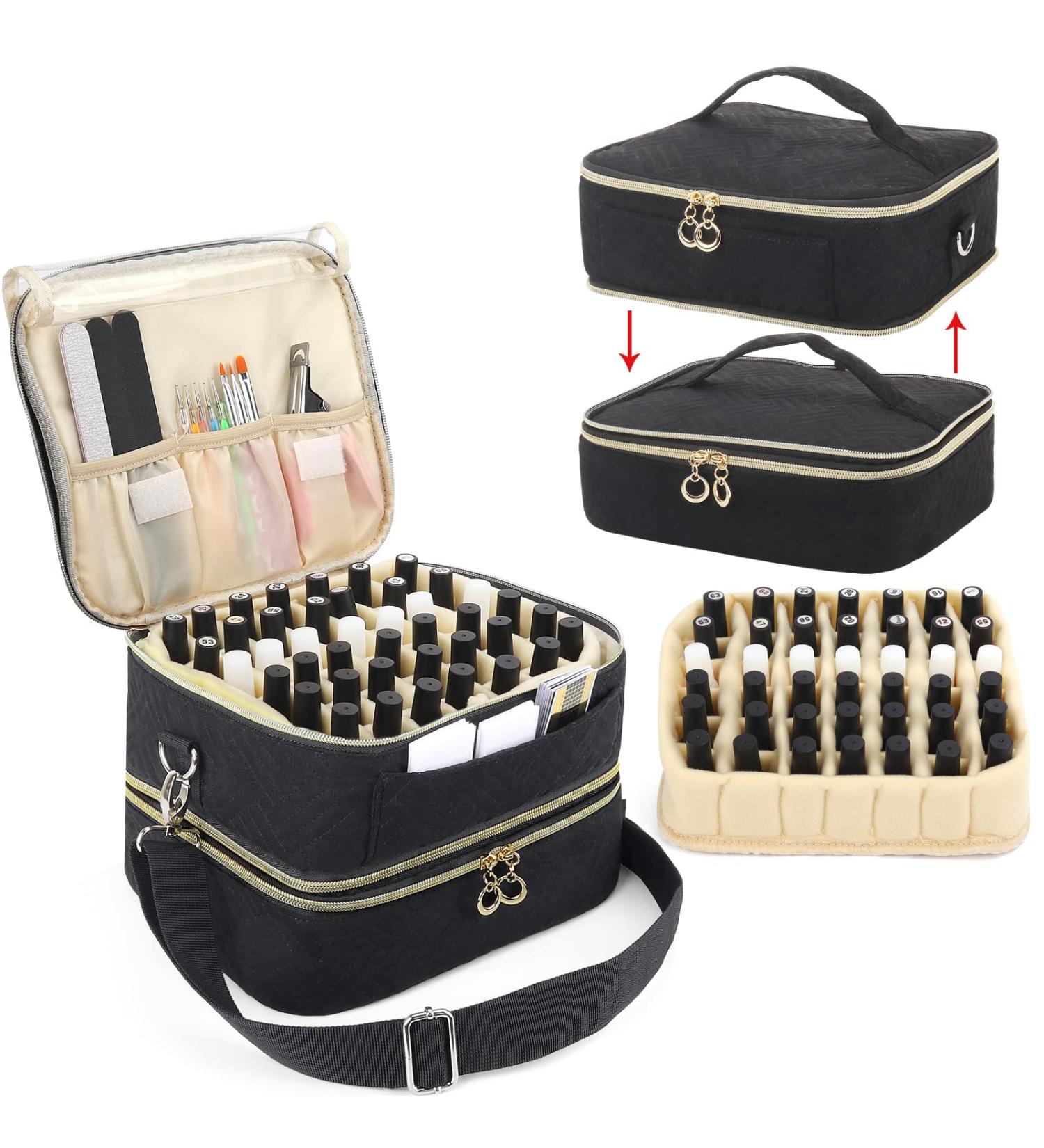 Detachable 2-Layer Nail Polish Organizer | Holds 42 Bottles | Gel Polish Storage & Manicure Tool Holder | Large Makeup & Cosmetic Bag with Dividers | Black - Buy Online on GoSupps.com
