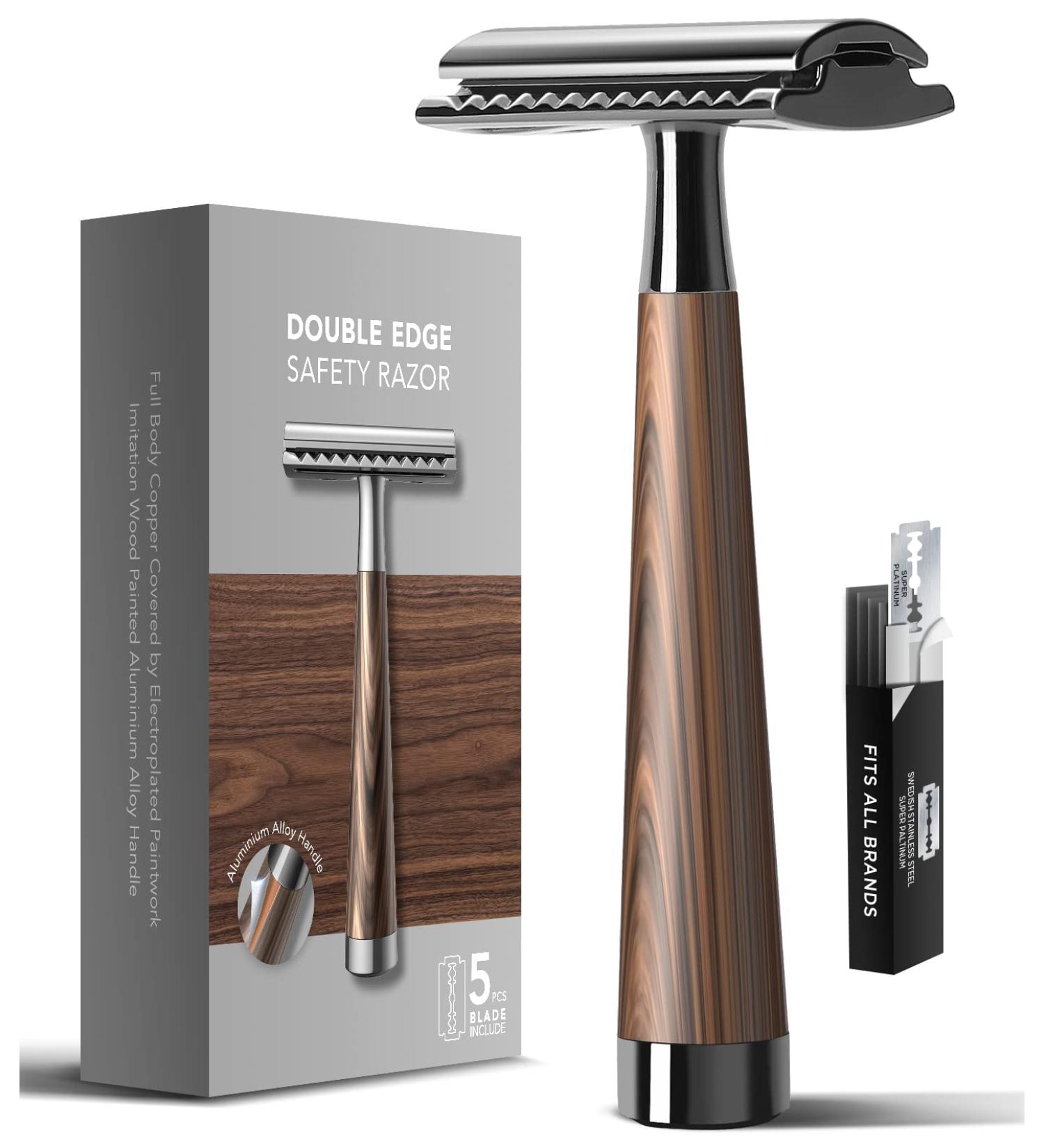 Double Edge Safety Razor with Faux Wood Zinc Alloy Handle and Swiss Stainless Steel Blades - Eco-Friendly Shaving Gift, Dark Brown Wood - Buy Online on GoSupps.com