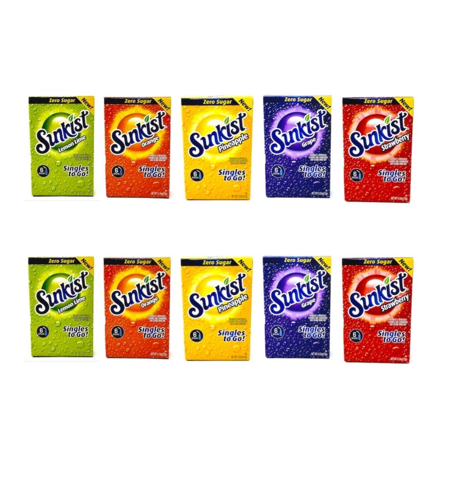 Sunkist Zero Sugar Singles To Go Bulk Variety Pack - 5 Flavors - Orange Grape Pineapple Lemon Lime and Strawberry - 10 Total Boxes for 60 Total Packets - 2 Boxes of Each Flavor - Buy Online on GoSupps.com