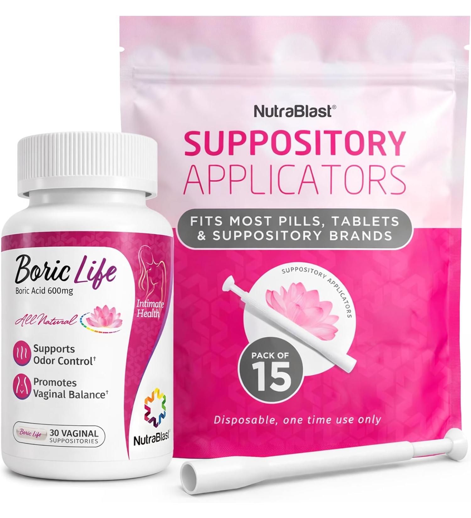 NutraBlast Boric Acid Vaginal Suppositories 600mg - 30 Suppositories & 15 Applicators - Made in USA - Buy Online on GoSupps.com