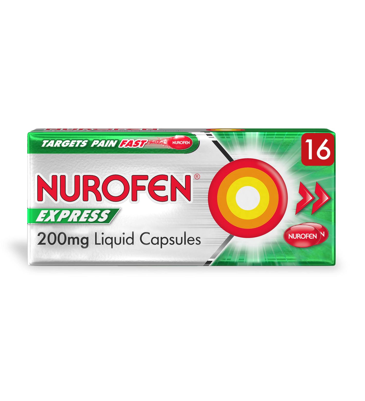 Nurofen Express Liquid Capsules 200mg - Fast Headache & Period Pain Relief - 16 Capsules - Buy Online on GoSupps.com