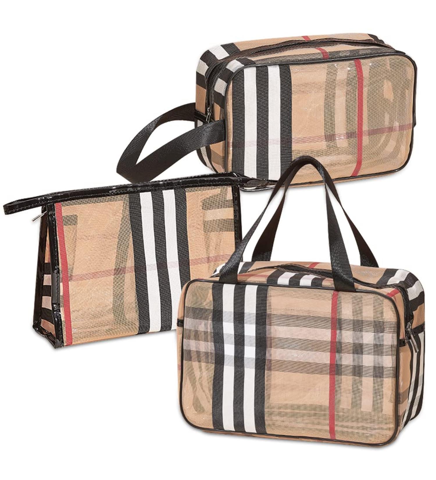 Veki 3-Piece Plaid Striped Transparent Makeup Bag Set - Waterproof Travel Cosmetic Organizer for Women/Girls - Stripe Design - Buy Online on GoSupps.com
