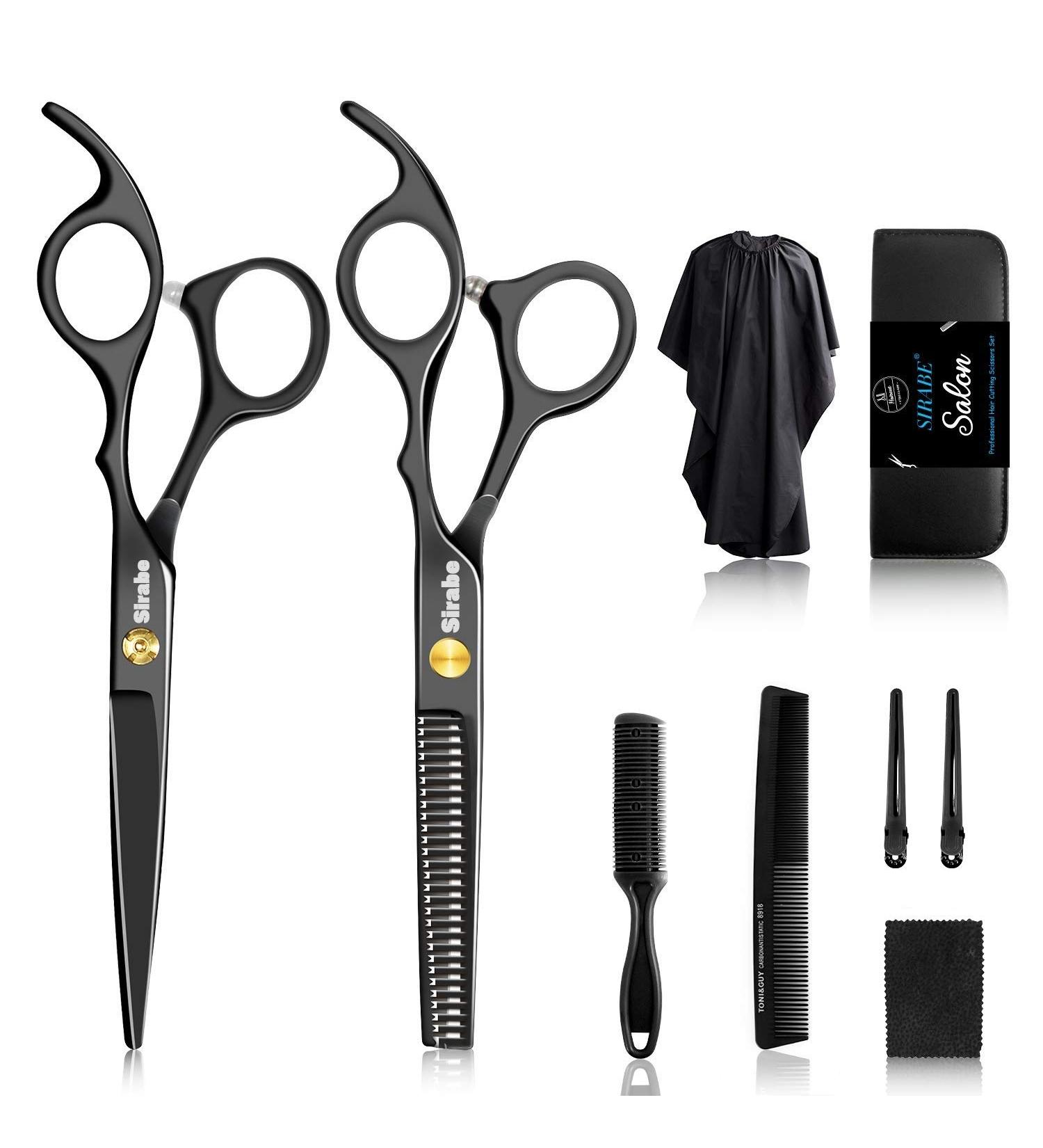 10 PCS Sirabe Hair Cutting Scissors Set - Professional Haircut & Thinning Scissors Kit with Comb, Cape, Clips - Black Hairdressing Shears for Barber, Salon & Home - Buy Online on GoSupps.com
