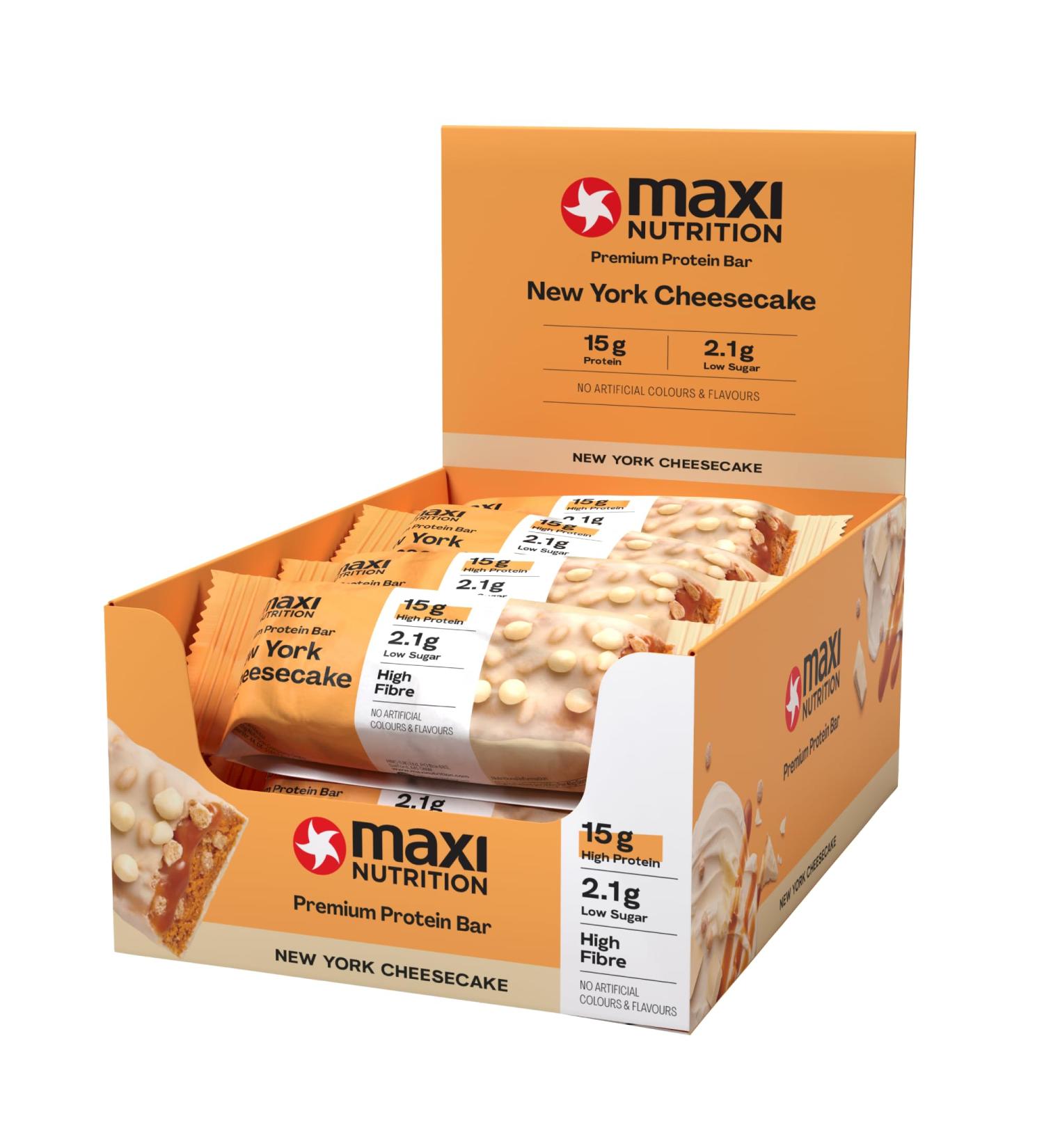 MaxiNutrition Premium Protein Bar - NY Cheesecake Flavor - High Protein Snack, Low Sugar, 15g Protein, Under 190 kcal - 12 x 45g - Buy Online on GoSupps.com