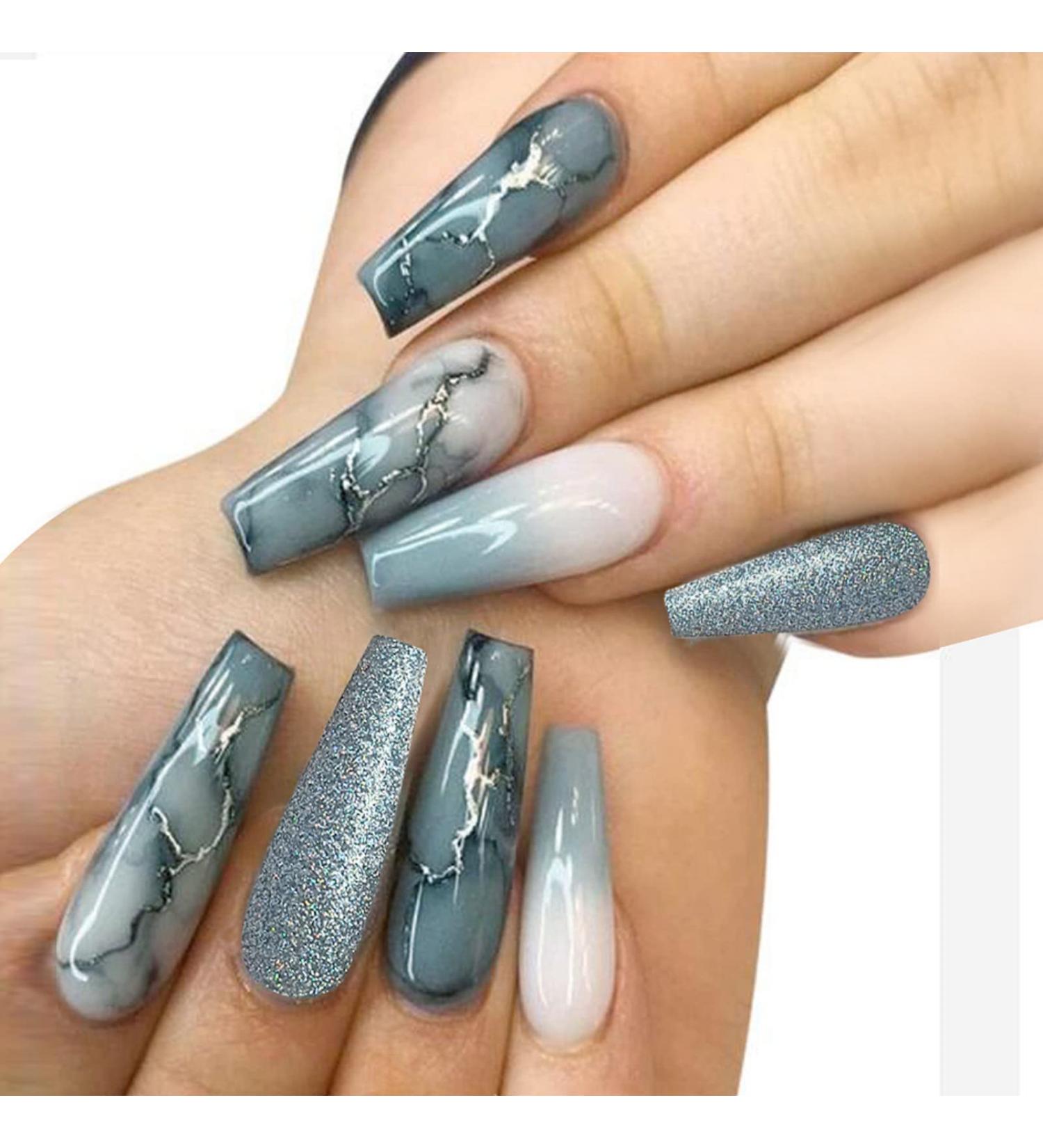 JUSTOTRY 24 pcs Long Dark Teal Marble Fake Nails - Glitter Ballerina French Press On Nail Art Set for Women - Acrylic Swirl Coffin Medium False Nails with Glue - Buy Online on GoSupps.com