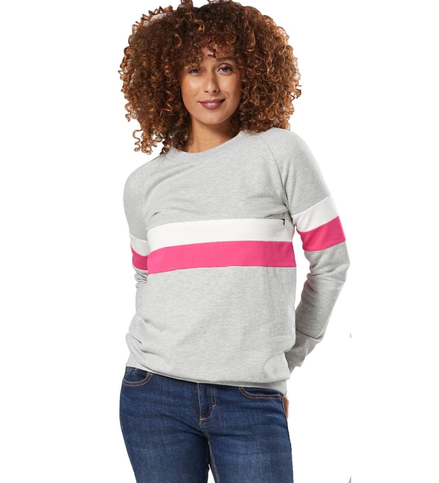 Zeta Ville Maternity Nursing Zipped Sweatshirt Striped Jumper - Grey Melange - Buy Online on GoSupps.com