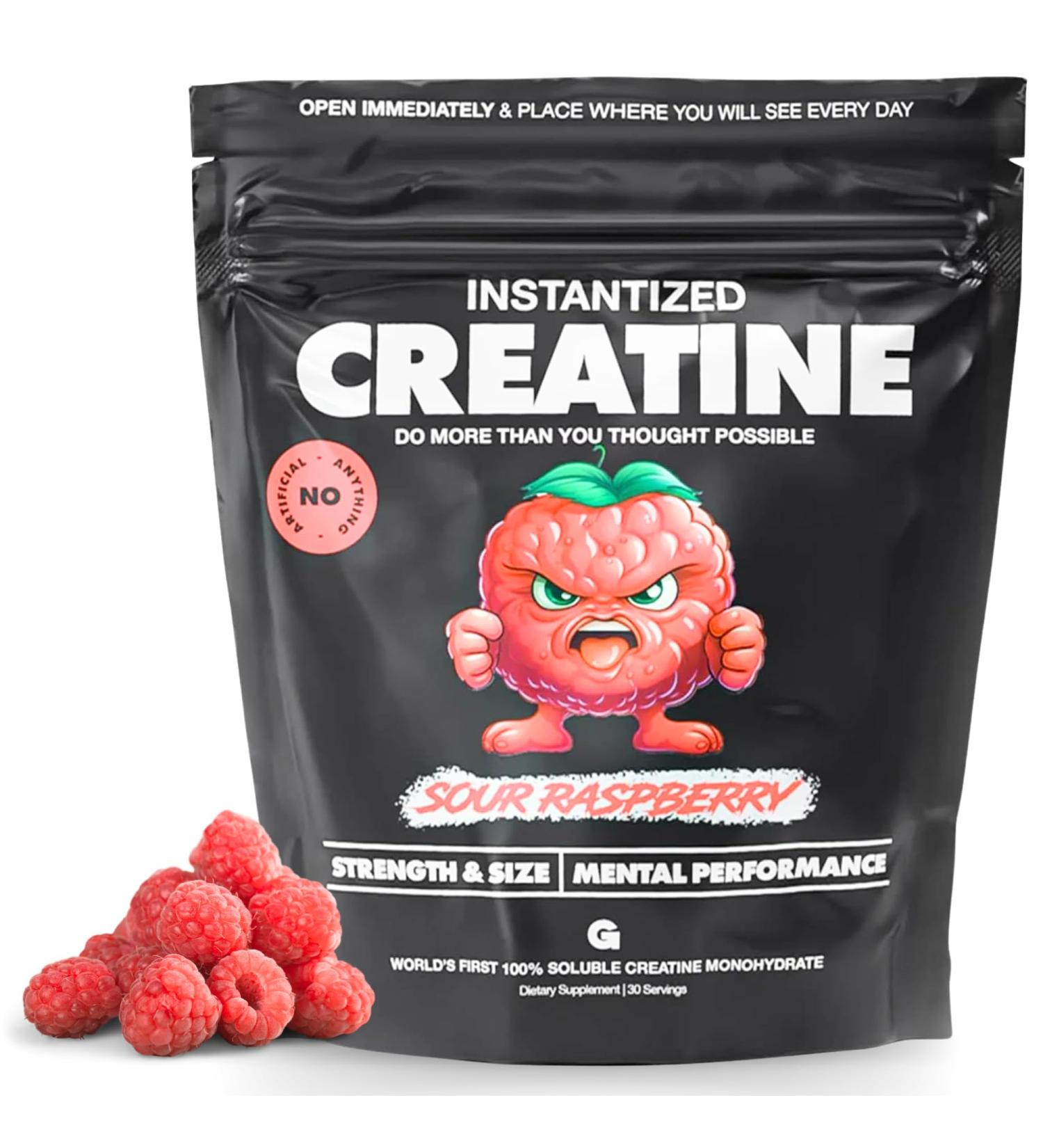 Gains in Bulk Instantized Creatine Monohydrate Powder Pre Workout Supplement for Muscle Endurance & Energy Sour Raspberry 30 Servings 100% Soluble No Bloating - Buy Online on GoSupps.com