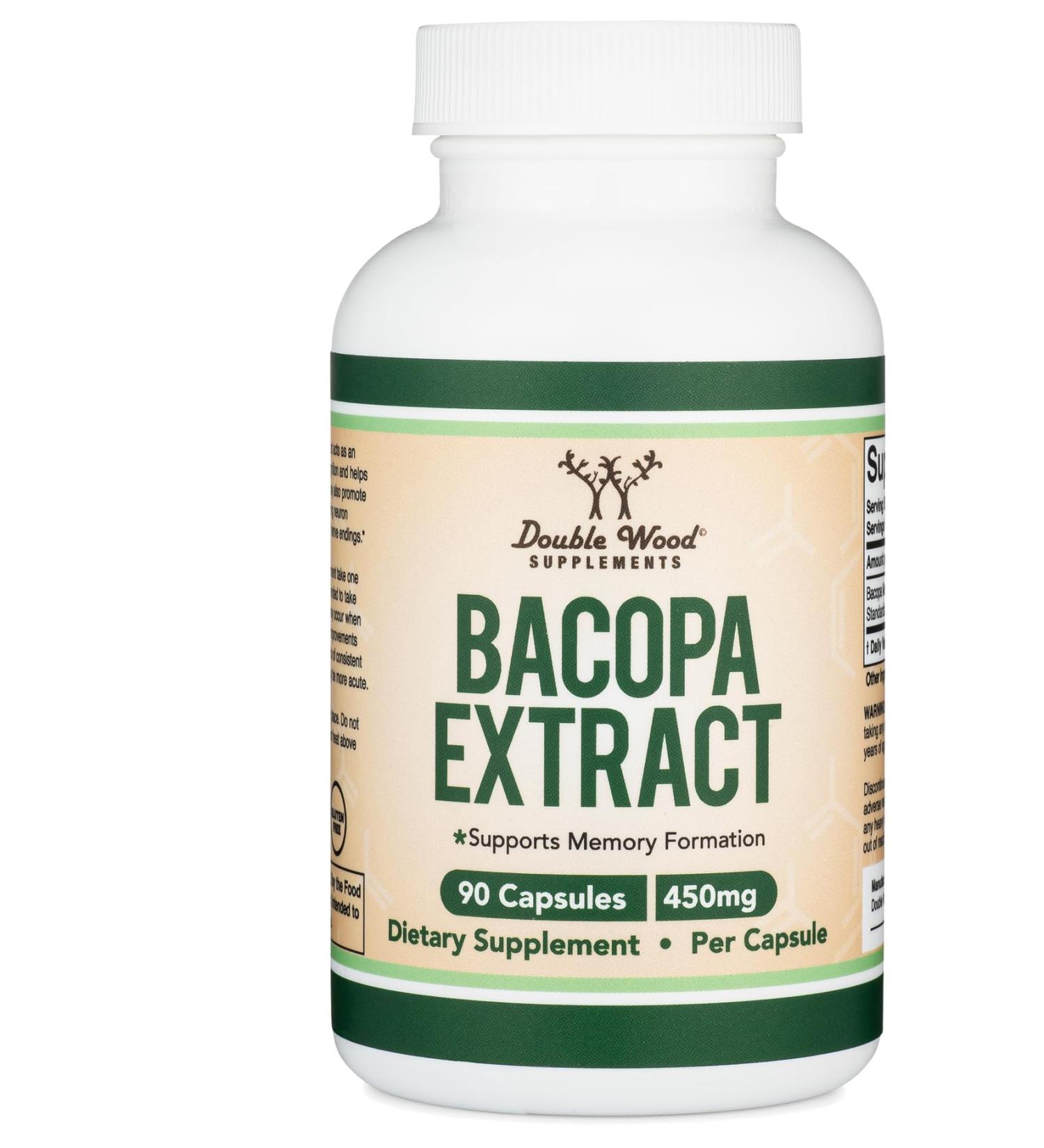 Bacopa Monnieri Capsules 20% Bacosides 450mg 90 Count (Non-GMO Gluten Free) Brahmi Extract (Memory Supplement for Brain Health Focus and Cognitive Function) by Double Wood - Buy Online on GoSupps.com