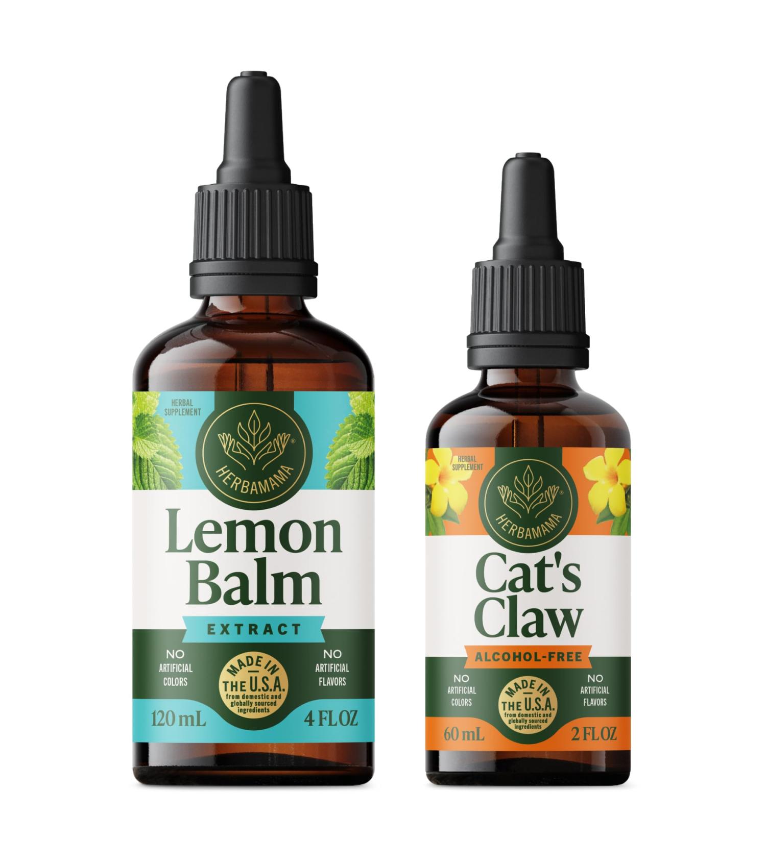 HERBAMAMA Herbal Liquid Drops Kit - Bundle of Lemon Balm 4 fl oz & Cat's Claw Tincture 2 fl oz - Vegan Non-GMO Sugar & Alcohol-Free - 2 Pack - Buy Online on GoSupps.com