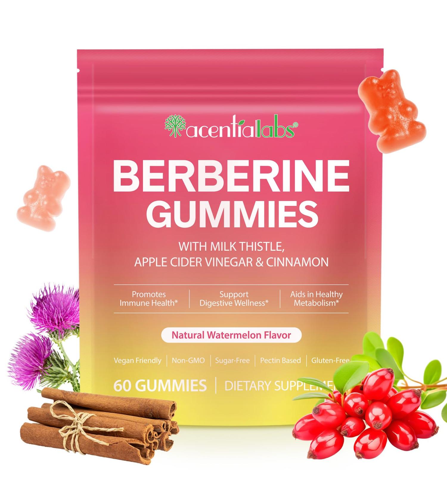 Berberine Gummies with Cinnamon 1000mg Milk Thistle ACV Ampk Organic Berberine Supplement for Immune and Metabolism Energy Gut Health-Sugar Free Watermelon Flavor-60 Gummy 60 Count (Pack of 1) - Buy Online on GoSupps.com